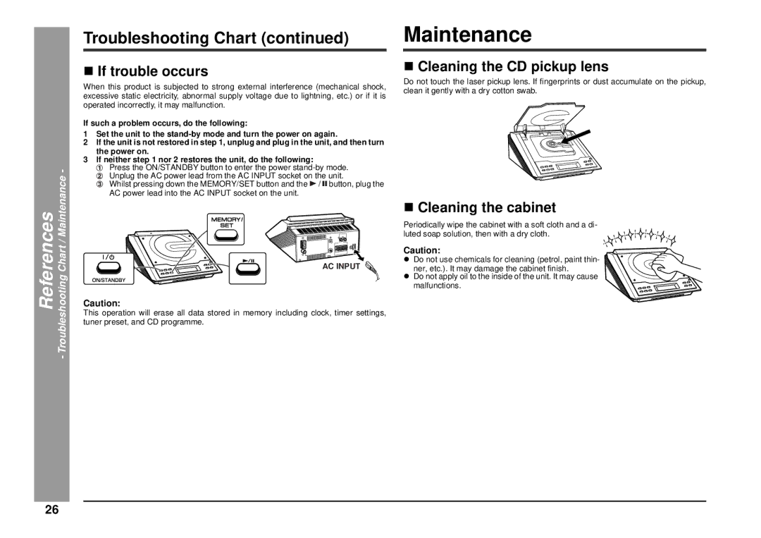 Kenwood HM-233 instruction manual Maintenance, If trouble occurs, Cleaning the CD pickup lens, Cleaning the cabinet 