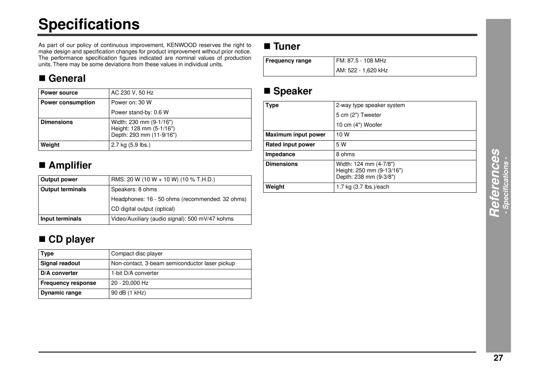 Kenwood HM-233 instruction manual Speciﬁcations, Ampliﬁer, Speaker 