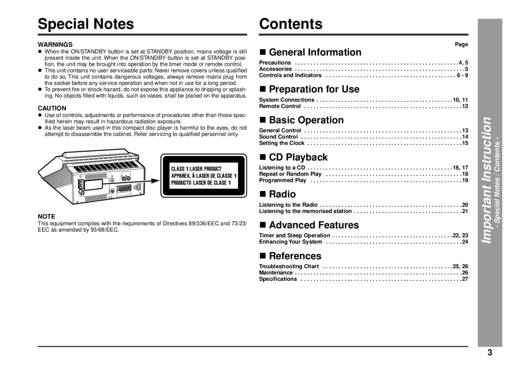 Kenwood HM-233 instruction manual Special Notes, Contents 