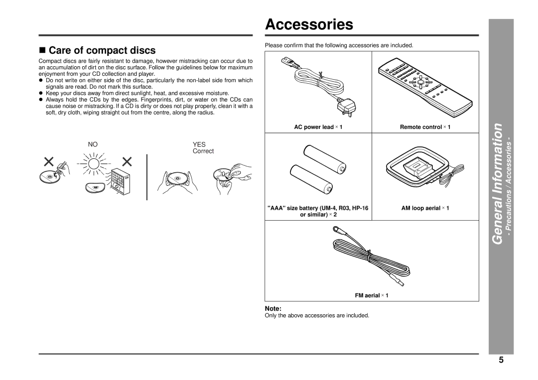 Kenwood HM-233 instruction manual Accessories, General Information, Care of compact discs, Correct 