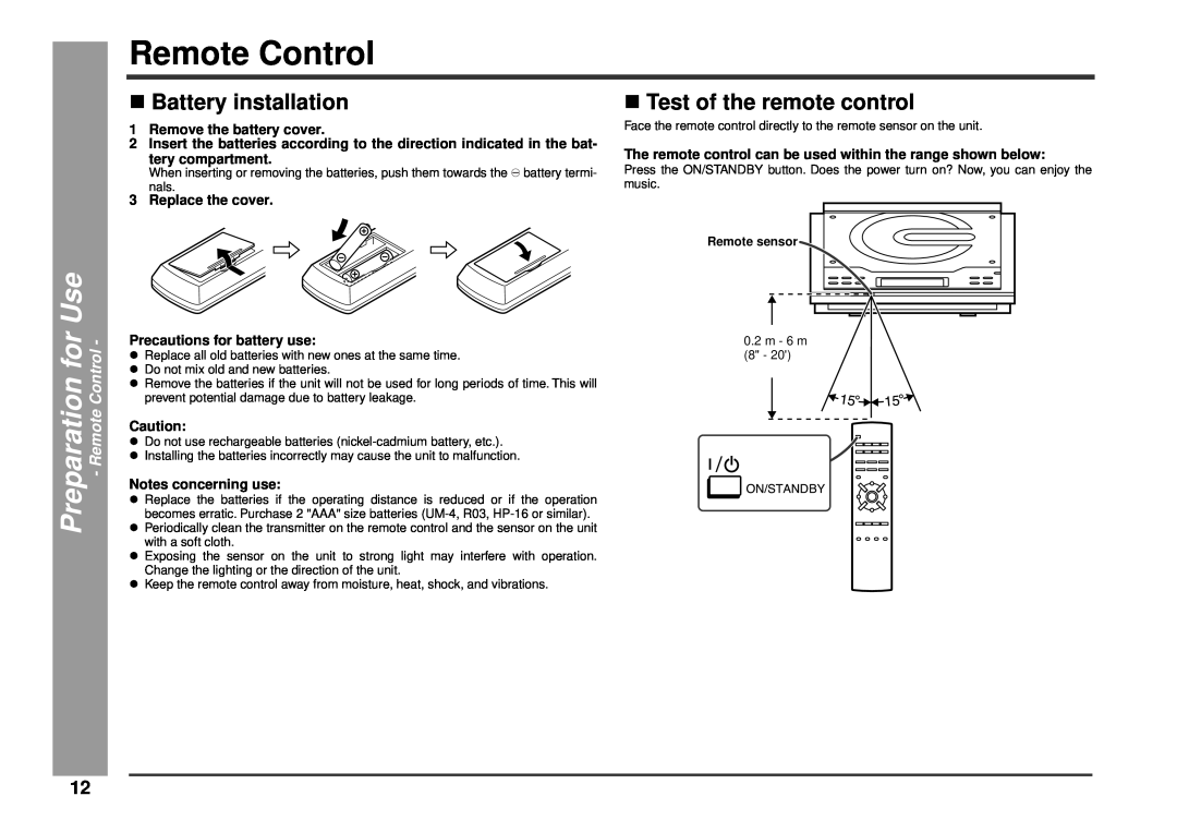 Kenwood HM-233 νBattery installation, νTest of the remote control, Preparation for Use - Remote Control 