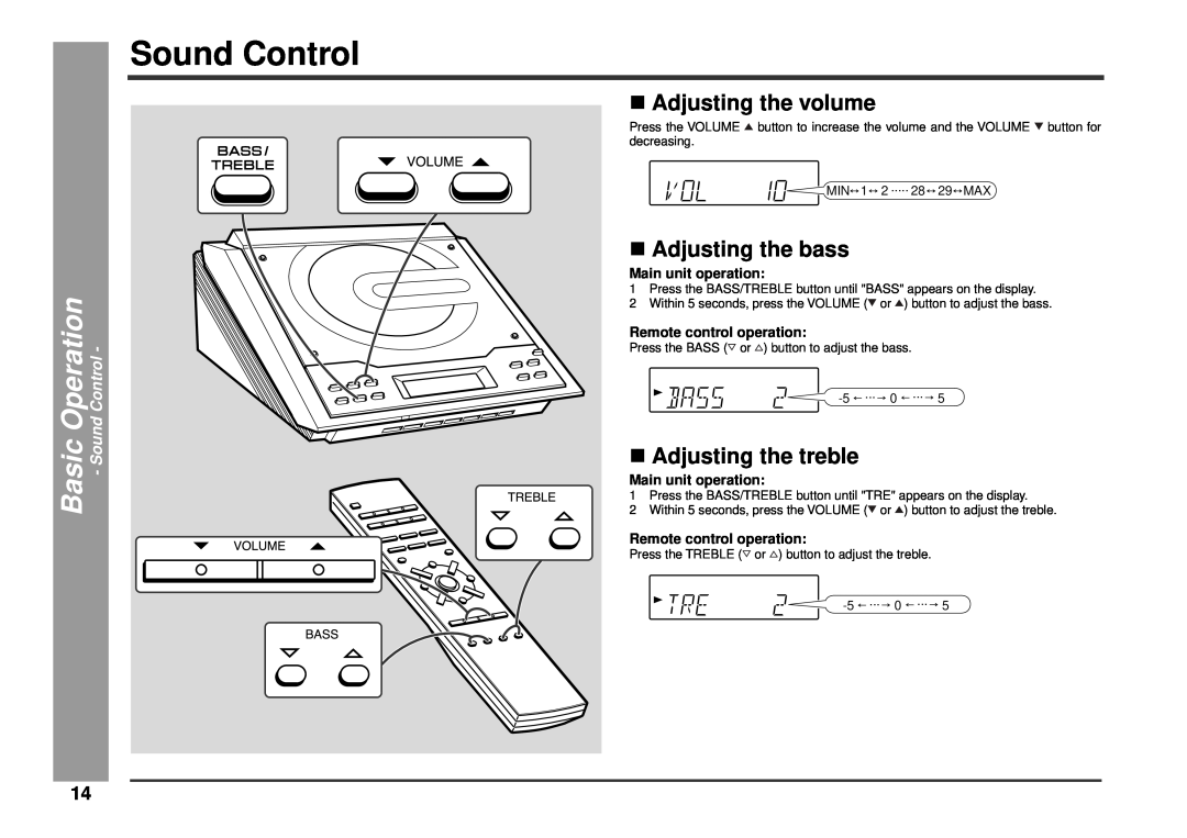 Kenwood HM-233 instruction manual Sound Control, νAdjusting the volume, νAdjusting the bass, νAdjusting the treble 