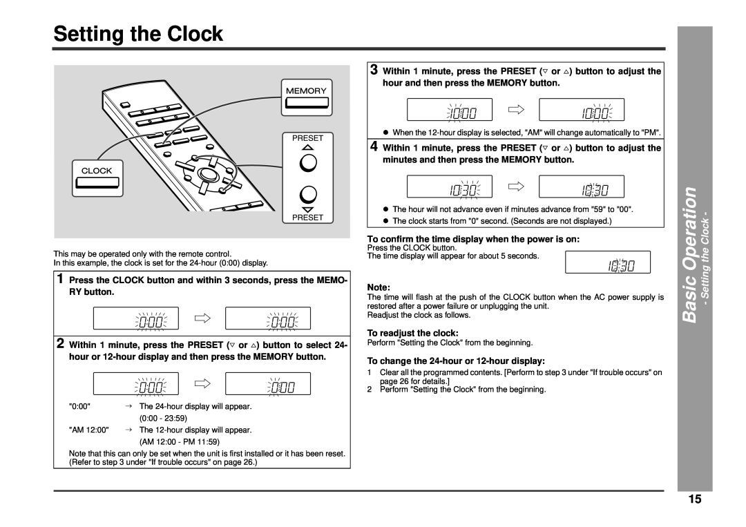 Kenwood HM-233 instruction manual Basic Operation - Setting the Clock 