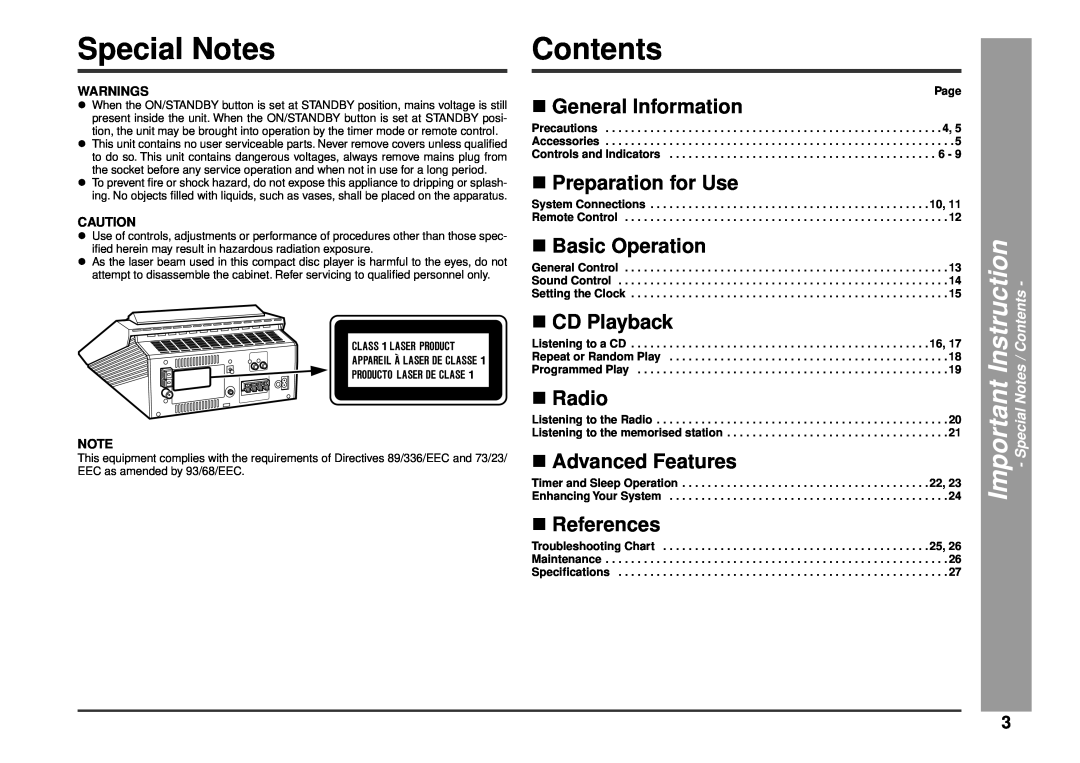 Kenwood HM-233 Special Notes, Contents, Important Instruction, νGeneral Information, νPreparation for Use, νCD Playback 