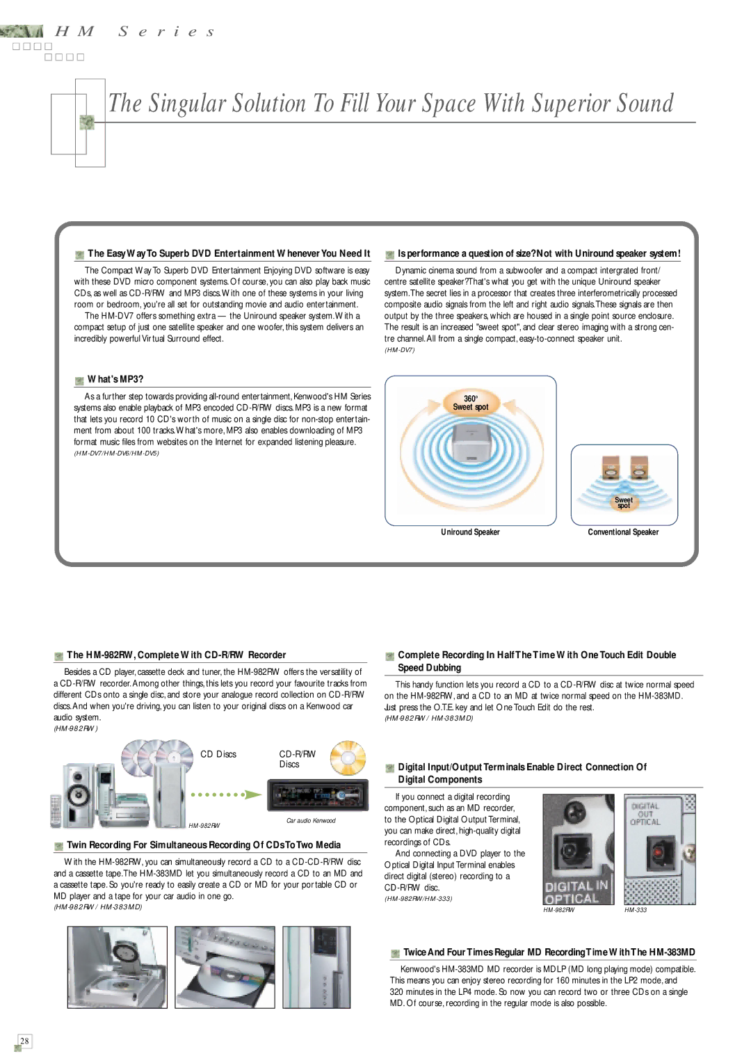 Kenwood HM-383MD, HM-982RW, HM-DV7 manual Singular Solution To Fill Your Space With Superior Sound 