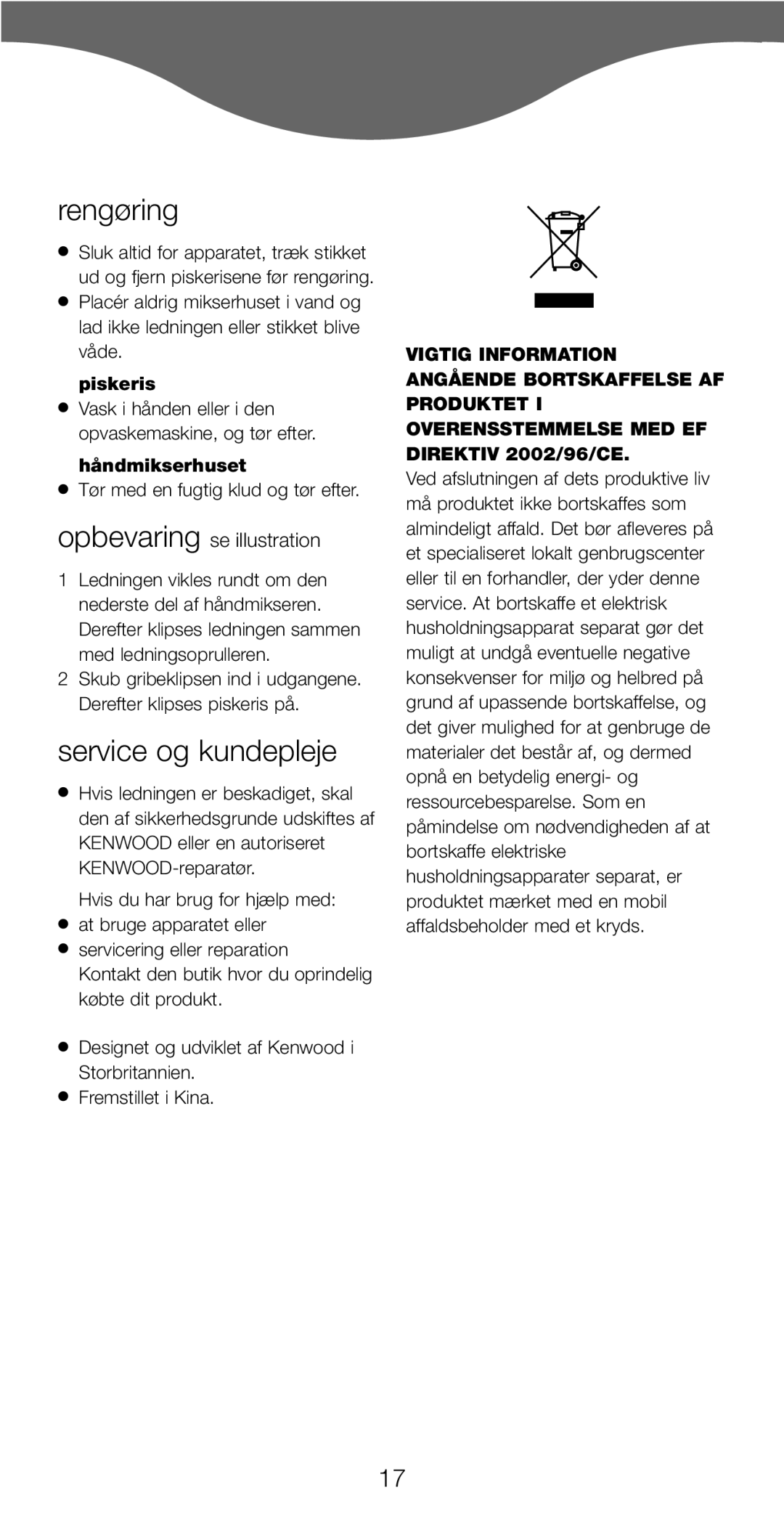 Kenwood HM220, HM226 manual Rengøring, Service og kundepleje, Opbevaring se illustration, Piskeris, Håndmikserhuset 