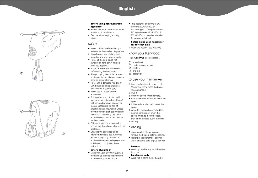 Kenwood HM226, HM220 manual English, Safety, Know your Kenwood, To use your handmixer, Cleaning 