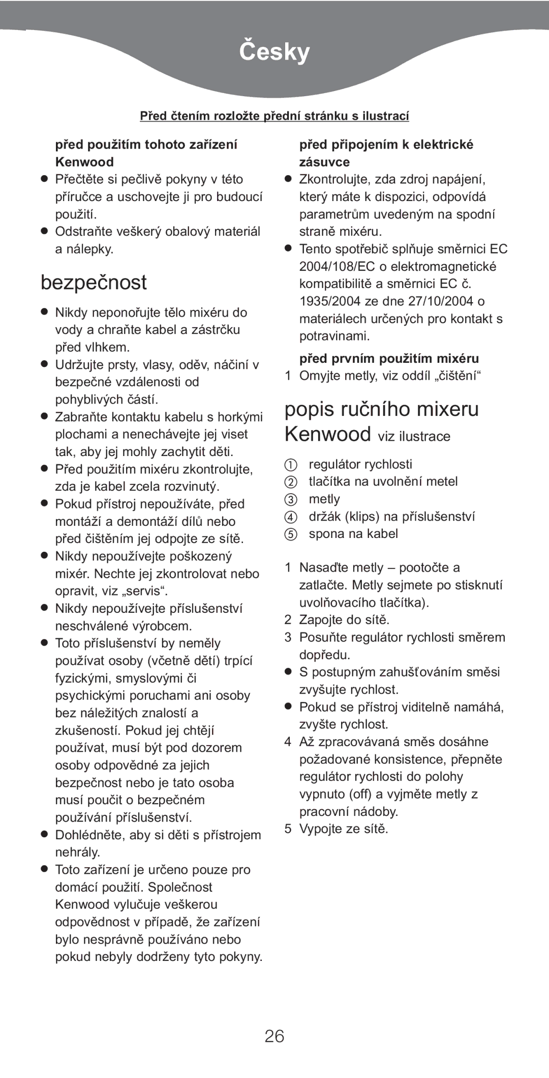 Kenwood HM226, HM220 manual Ïesky, Bezpečnost, Popis ručního mixeru, Kenwood viz ilustrace 