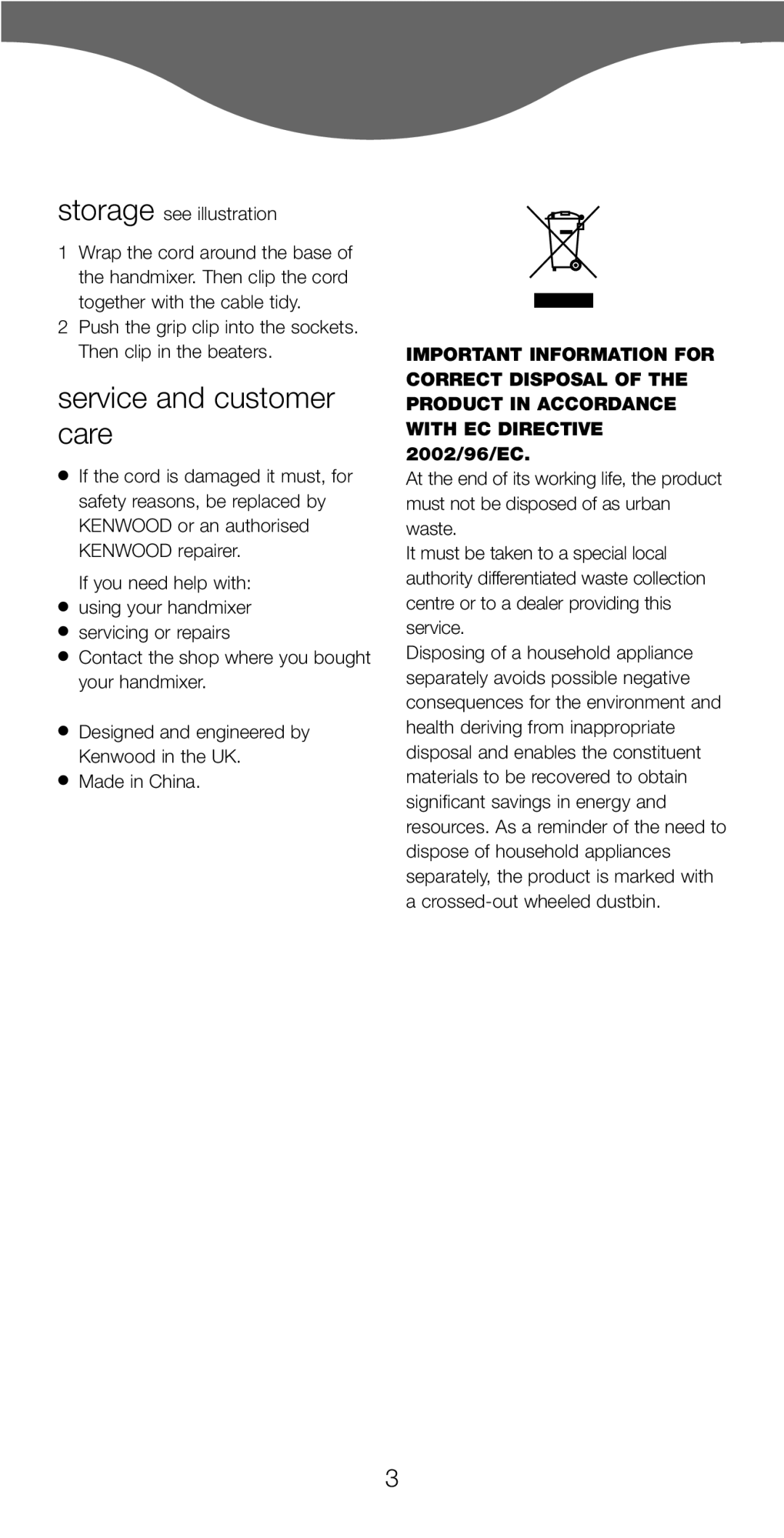 Kenwood HM220, HM226 manual Service and customer care, Storage see illustration 