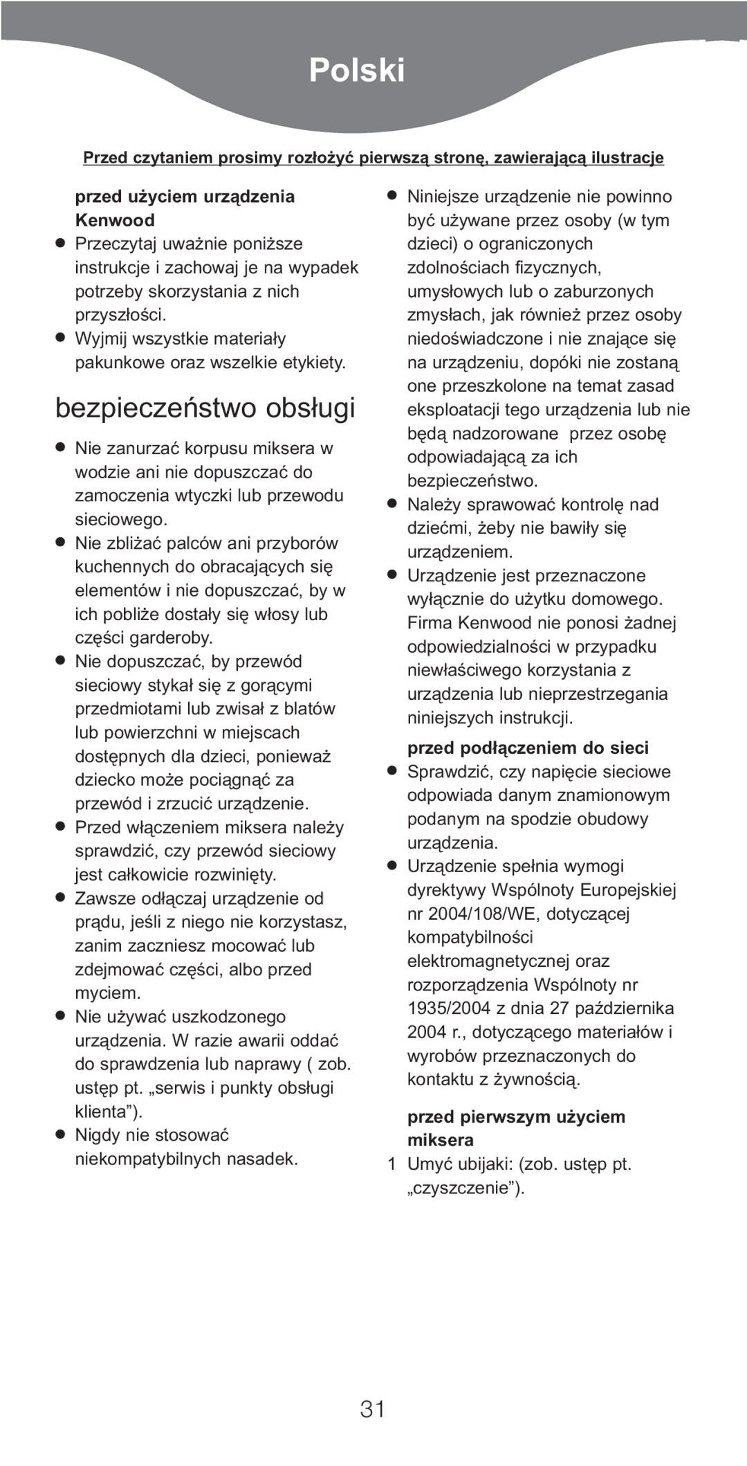 Kenwood HM220, HM226 manual Polski, Bezpieczeństwo obsługi, Przed użyciem urządzenia Kenwood, Przed podłączeniem do sieci 