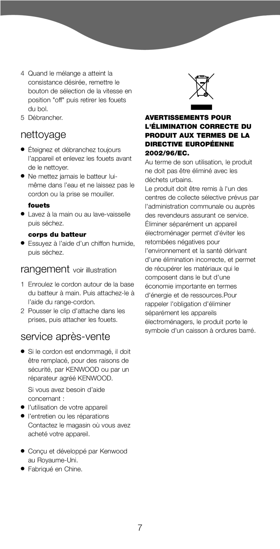 Kenwood HM220, HM226 manual Nettoyage, Service après-vente, Rangement voir illustration, Fouets, Corps du batteur 