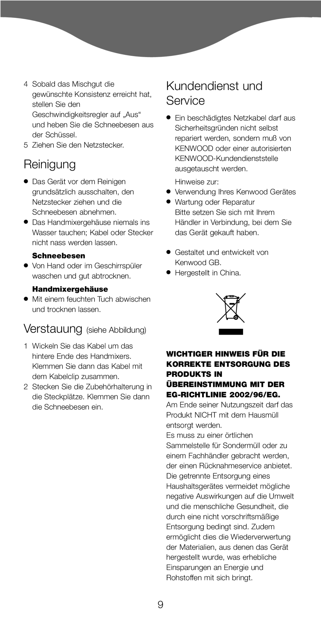 Kenwood HM220, HM226 manual Reinigung, Kundendienst und Service, Verstauung siehe Abbildung, Schneebesen, Handmixergehäuse 