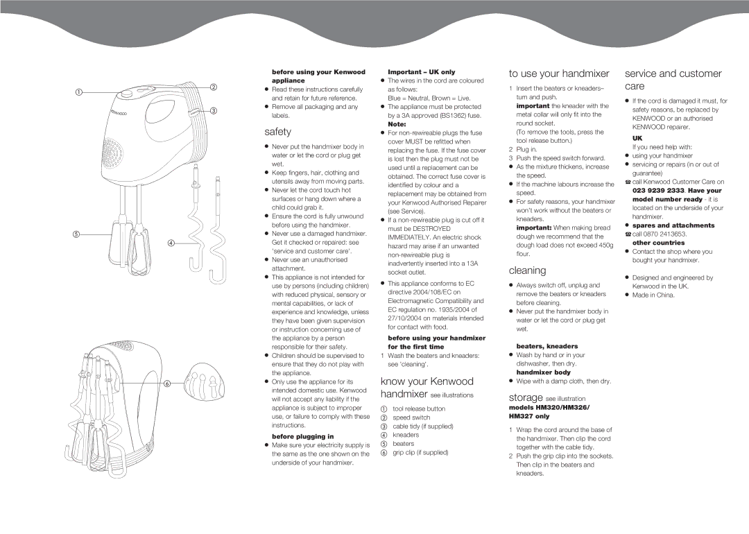 Kenwood HM326, HM320, HM327 manual Safety, Know your Kenwood, To use your handmixer, Cleaning, Service and customer care 