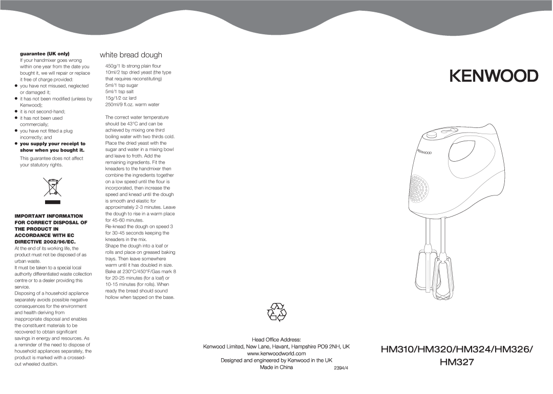 Kenwood manual white bread dough, HM310/HM320/HM324/HM326 HM327, Head Office Address, Made in China 