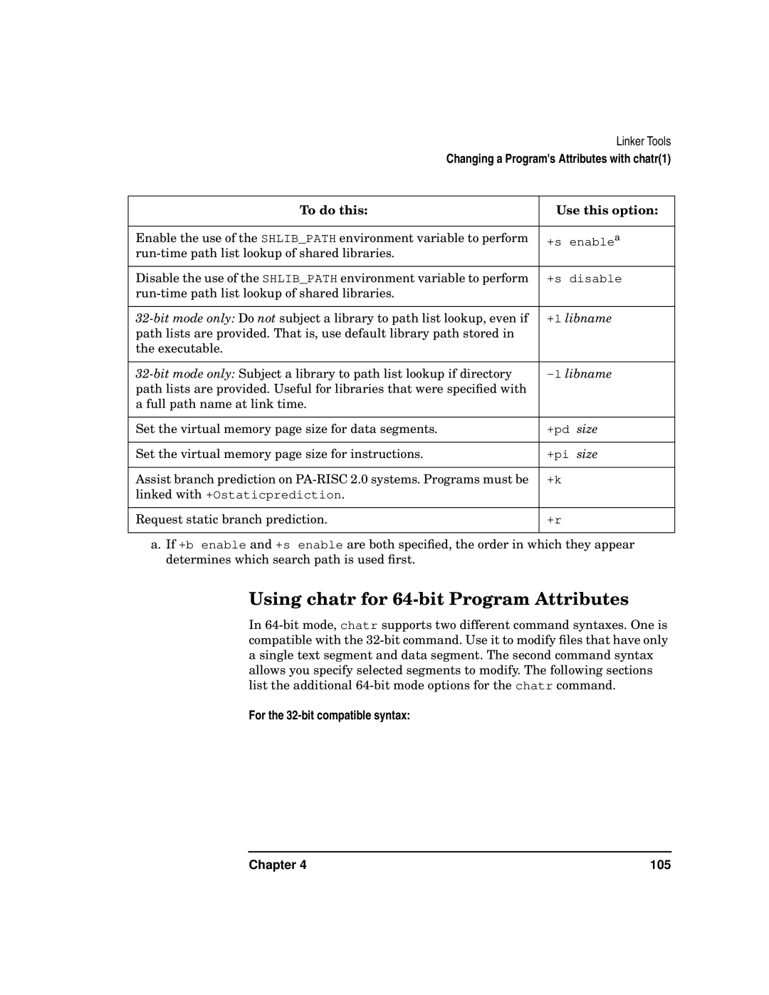 Kenwood HP 9000 manual Using chatr for 64-bit Program Attributes, To do this Use this option, +l libname, Libname 