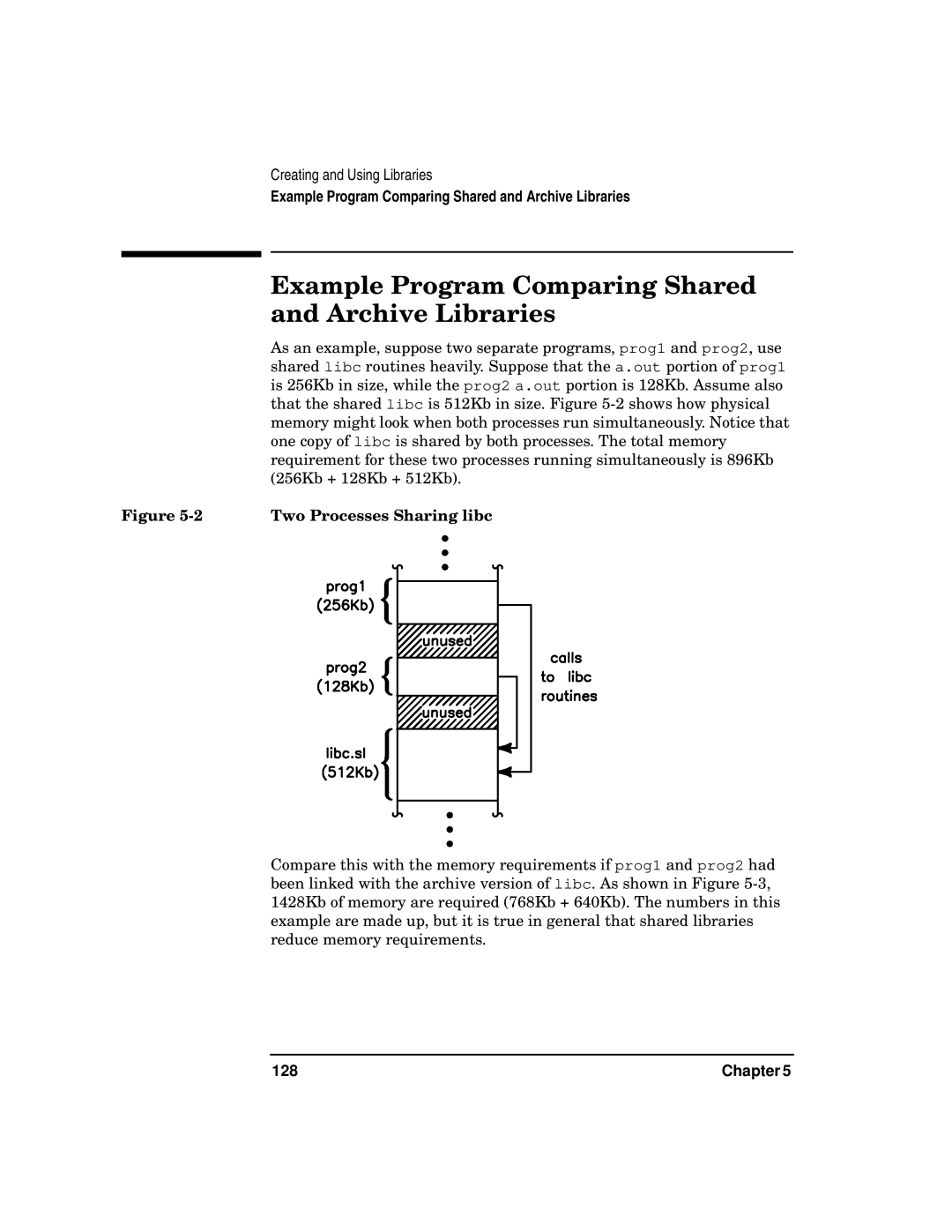 Kenwood HP 9000 manual Example Program Comparing Shared, Archive Libraries, Two Processes Sharing libc, 128 