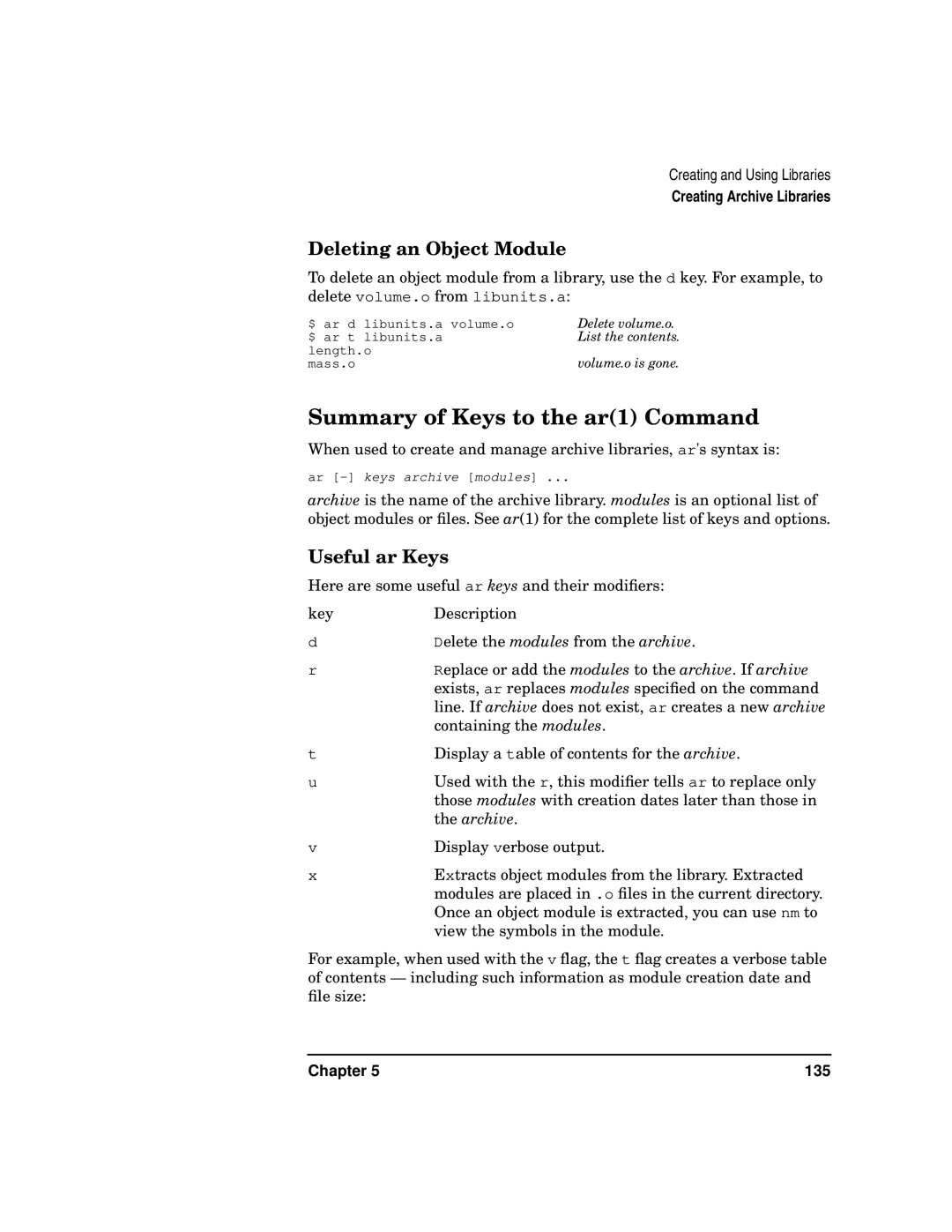 Kenwood HP 9000 manual Summary of Keys to the ar1 Command, Deleting an Object Module, Useful ar Keys, Archive 