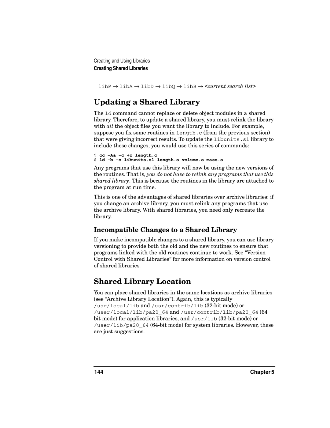 Kenwood HP 9000 manual Updating a Shared Library, Shared Library Location, Incompatible Changes to a Shared Library, 144 