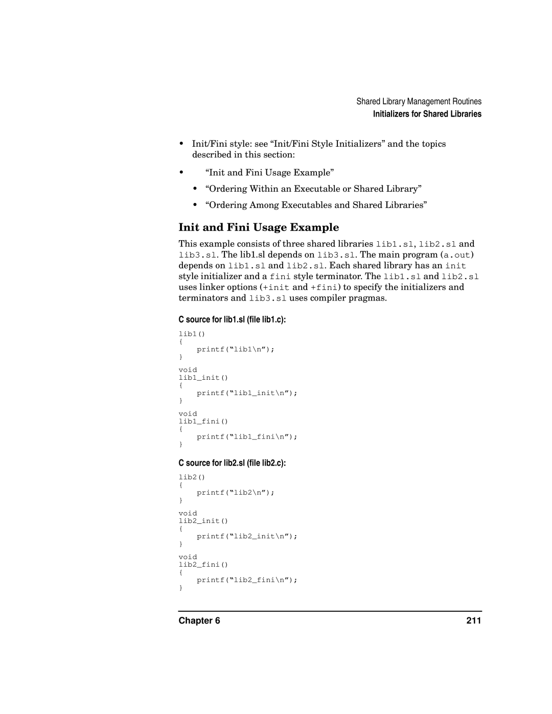 Kenwood HP 9000 manual Init and Fini Usage Example, Source for lib1.sl ﬁle lib1.c, Source for lib2.sl ﬁle lib2.c 