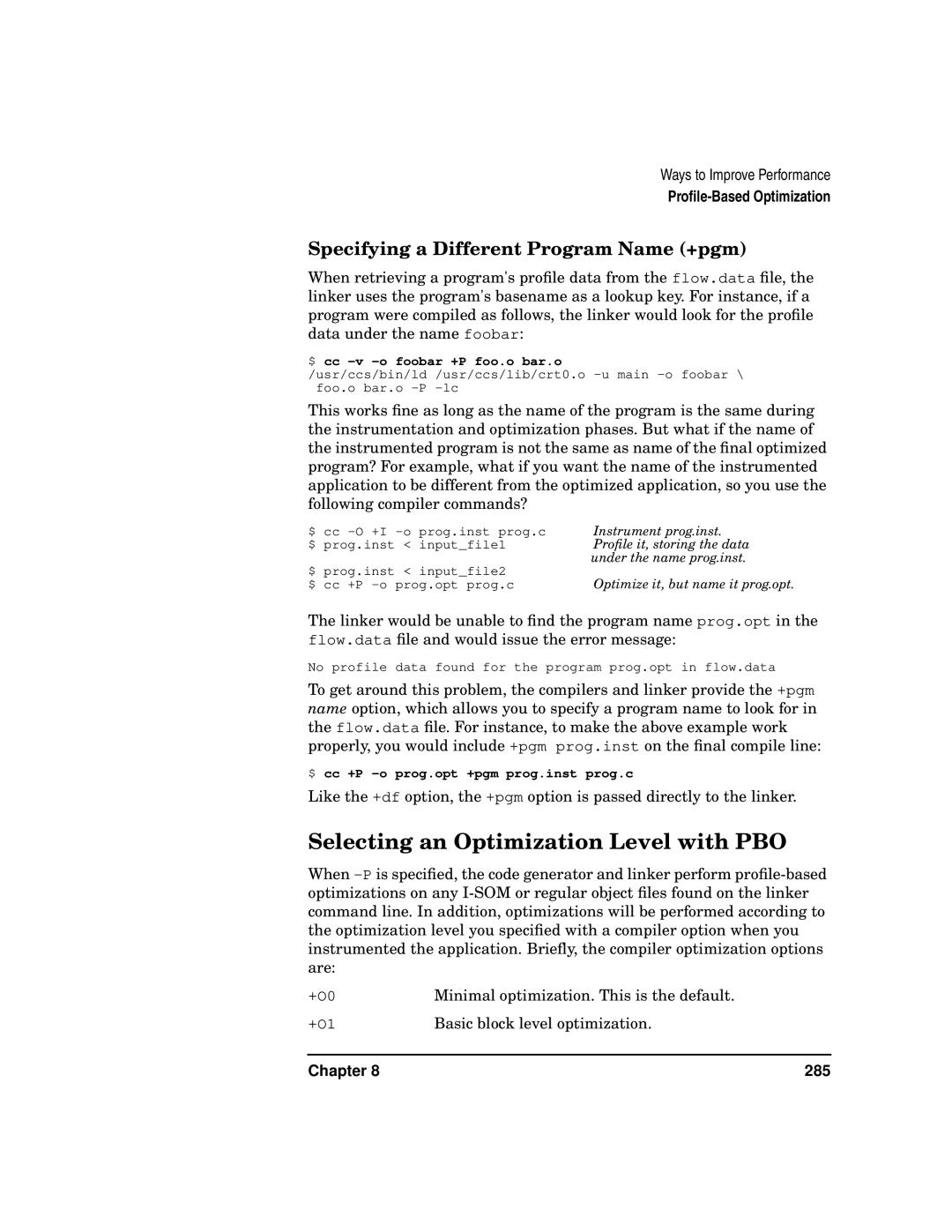 Kenwood HP 9000 manual Selecting an Optimization Level with PBO, Specifying a Different Program Name +pgm 