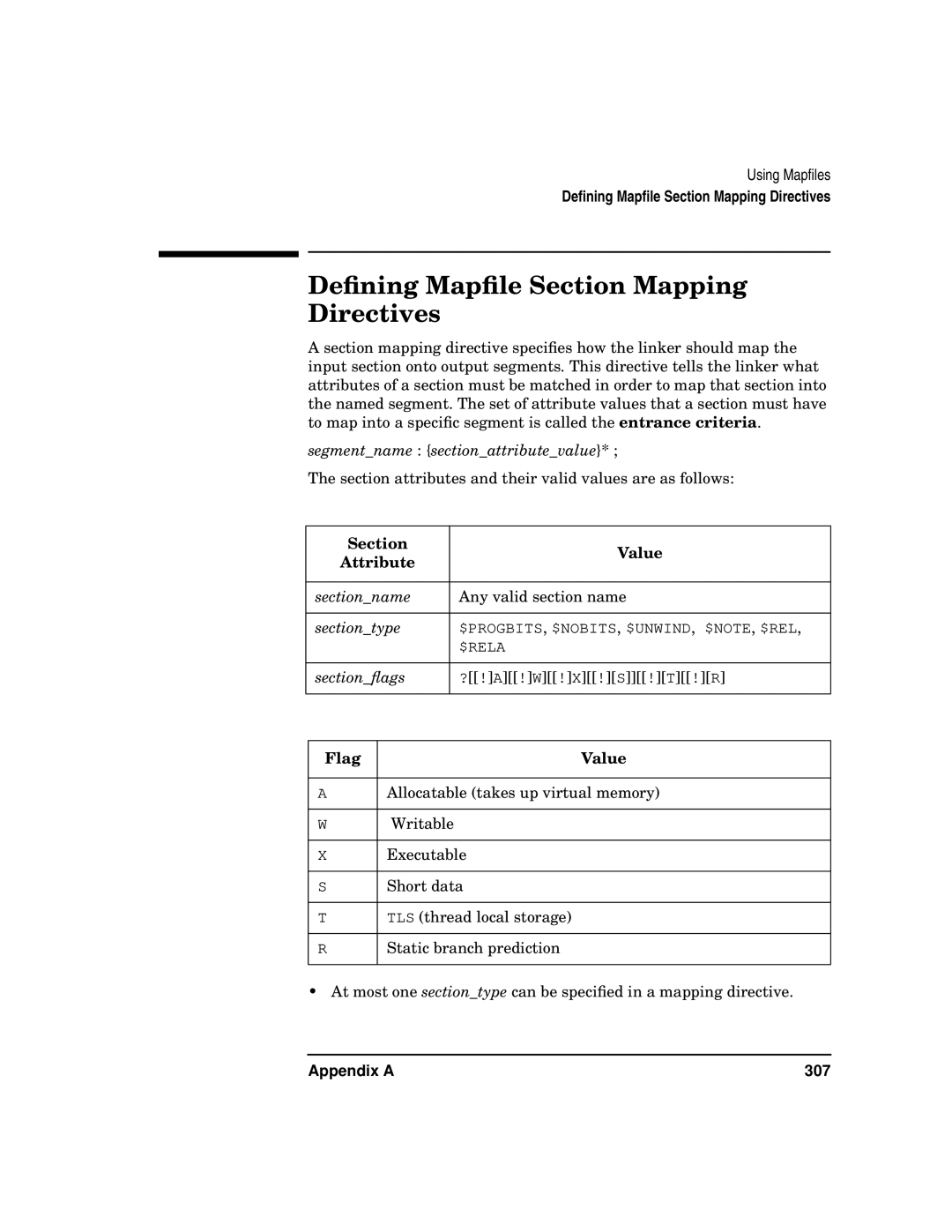 Kenwood HP 9000 manual Deﬁning Mapﬁle Section Mapping Directives, Flag Value, Appendix a 307 