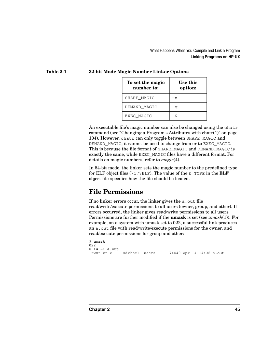 Kenwood HP 9000 manual File Permissions, Bit Mode Magic Number Linker Options, To set the magic Use this Number to Option 