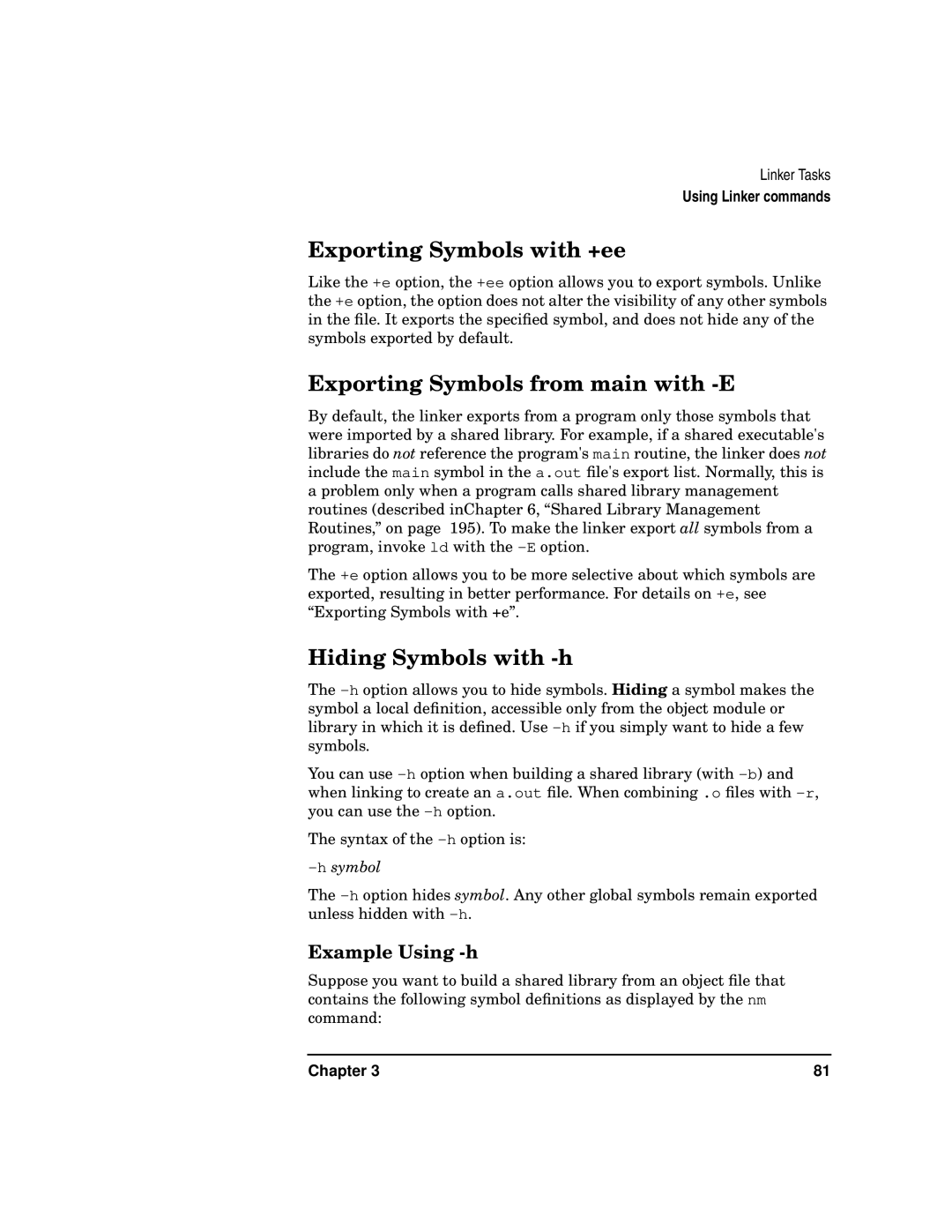 Kenwood HP 9000 Exporting Symbols with +ee, Exporting Symbols from main with -E, Hiding Symbols with -h, Example Using -h 