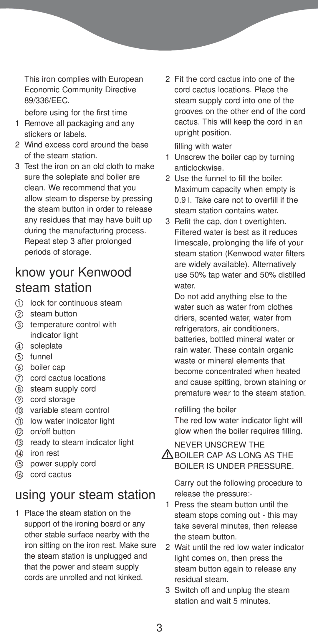 Kenwood IC400, IC450 manual Know your Kenwood steam station, Using your steam station, Before using for the first time 