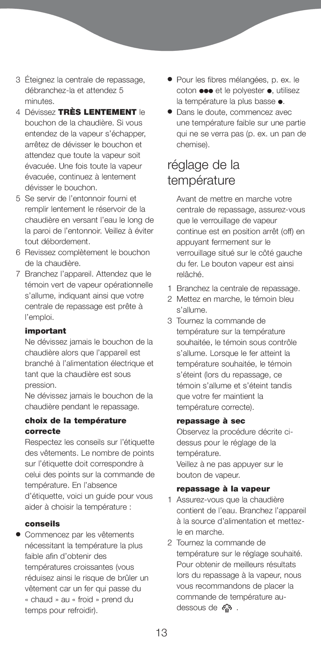 Kenwood IC400 Series, IC450 Series Réglage de la température, Choix de la température correcte, Conseils, Repassage à sec 