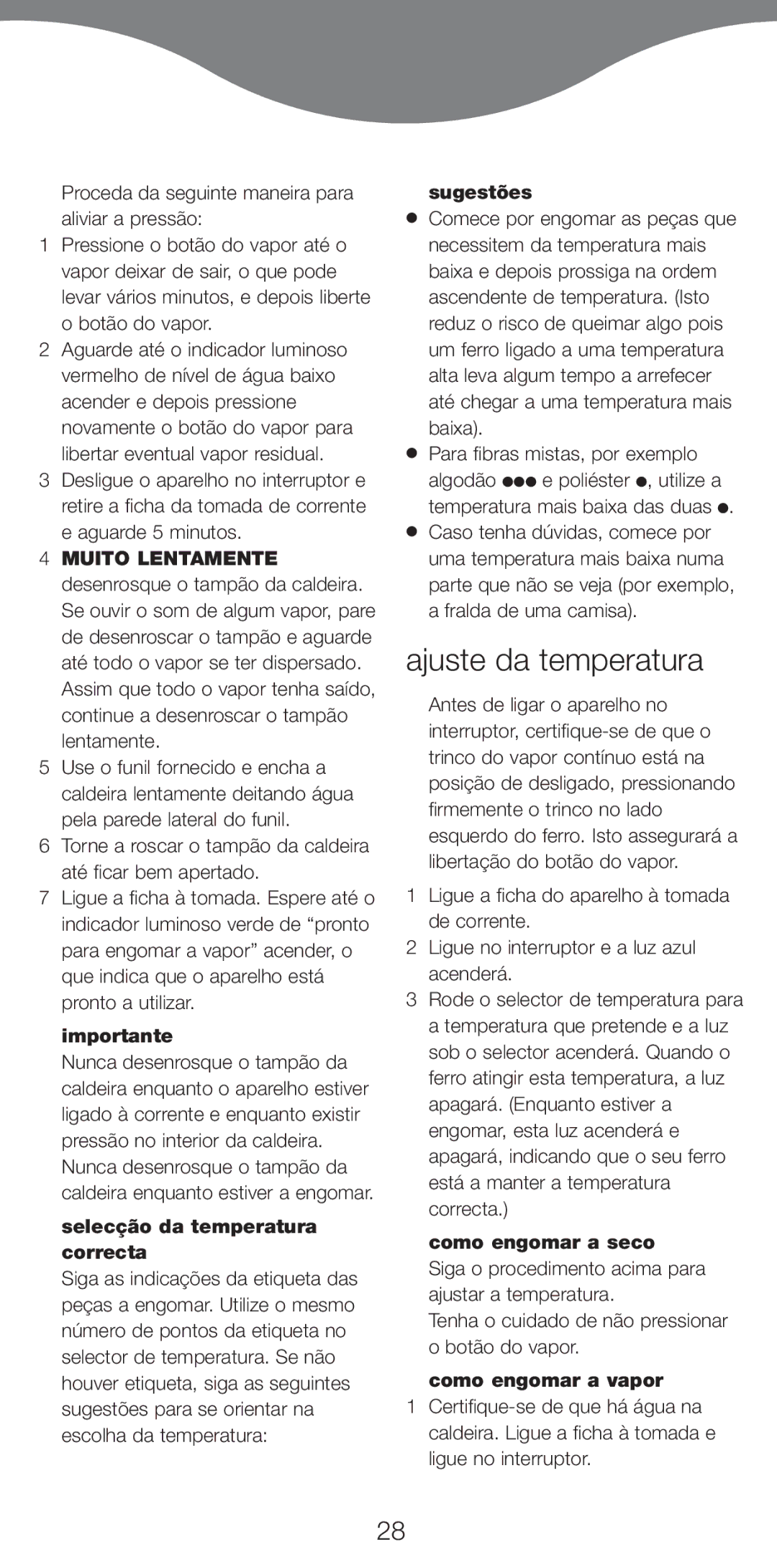 Kenwood IC450 Series, IC400 Series Ajuste da temperatura, Selecção da temperatura correcta, Sugestões, Como engomar a seco 