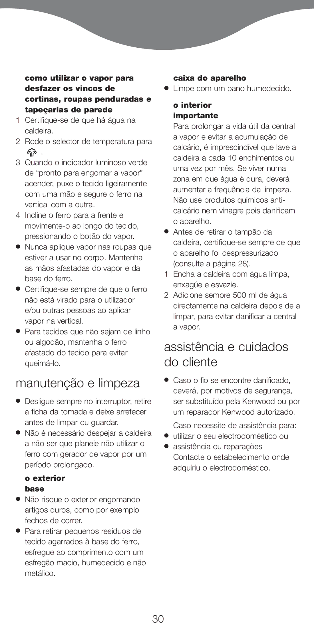 Kenwood IC450 Series manual Manutenção e limpeza, Assistência e cuidados do cliente, Exterior base, Caixa do aparelho 