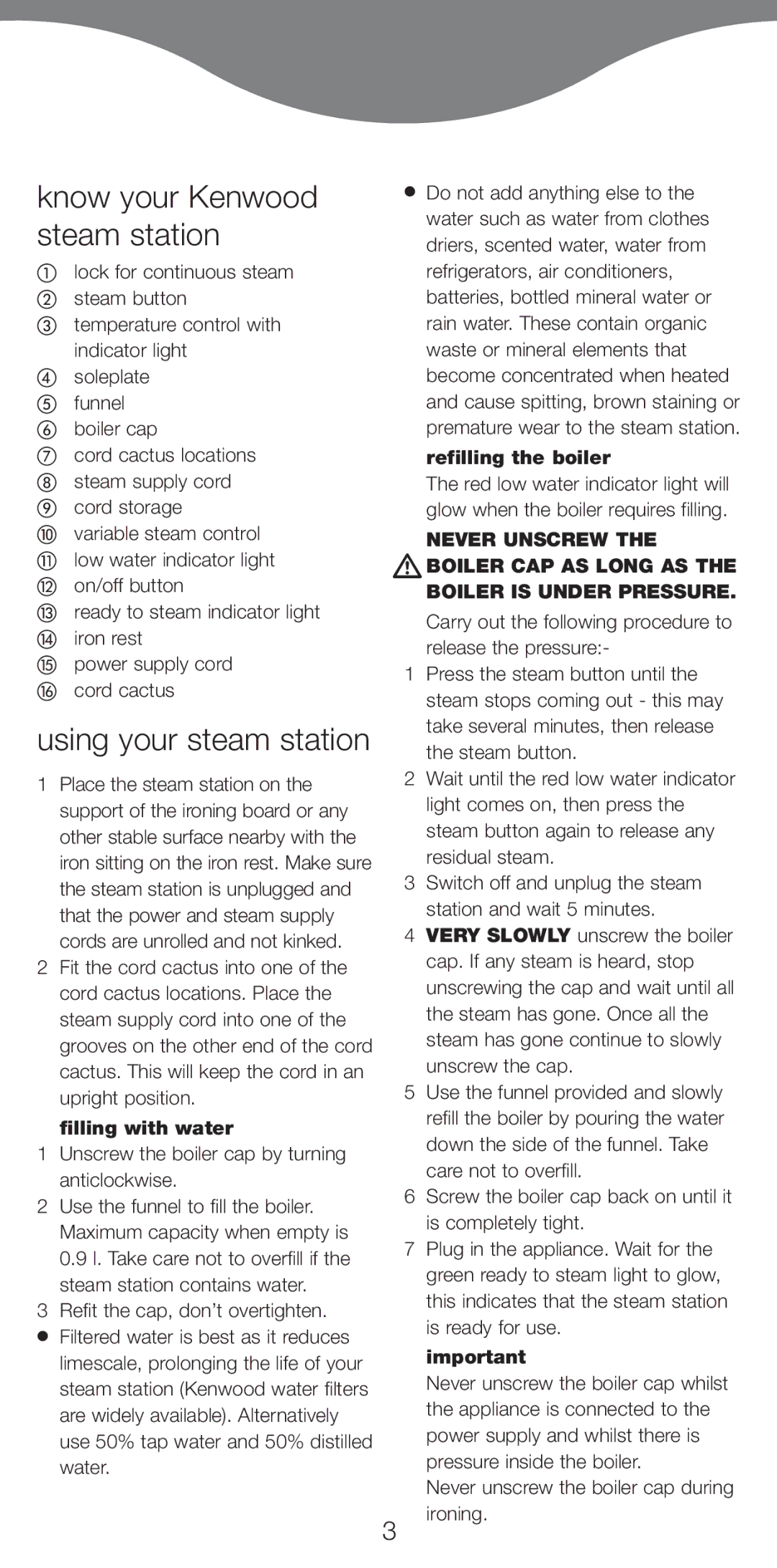 Kenwood IC400 Series, IC450 Series manual Know your Kenwood steam station, Using your steam station, Filling with water 