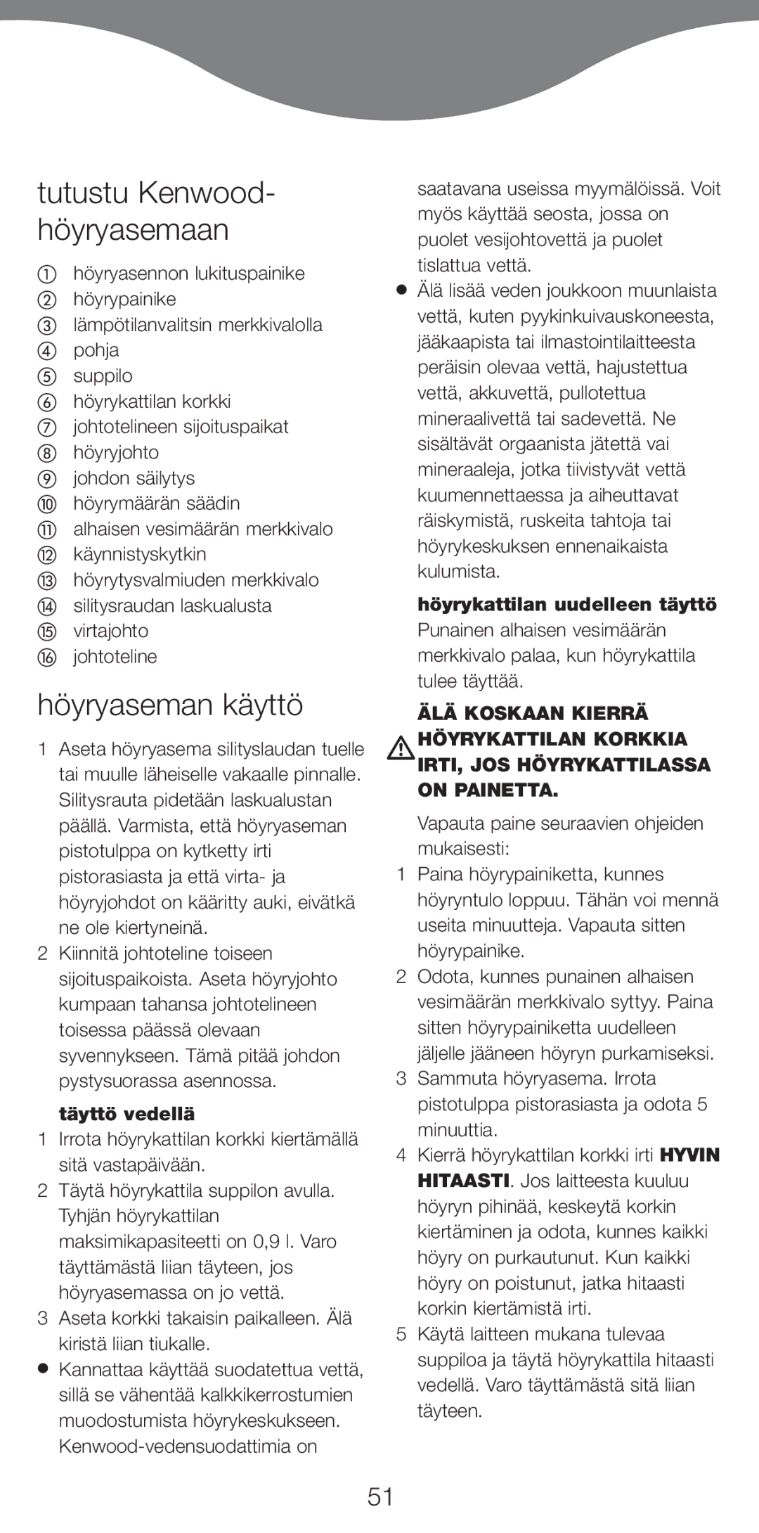 Kenwood IC400 Series, IC450 Series manual Tutustu Kenwood- höyryasemaan, Höyryaseman käyttö, Täyttö vedellä 