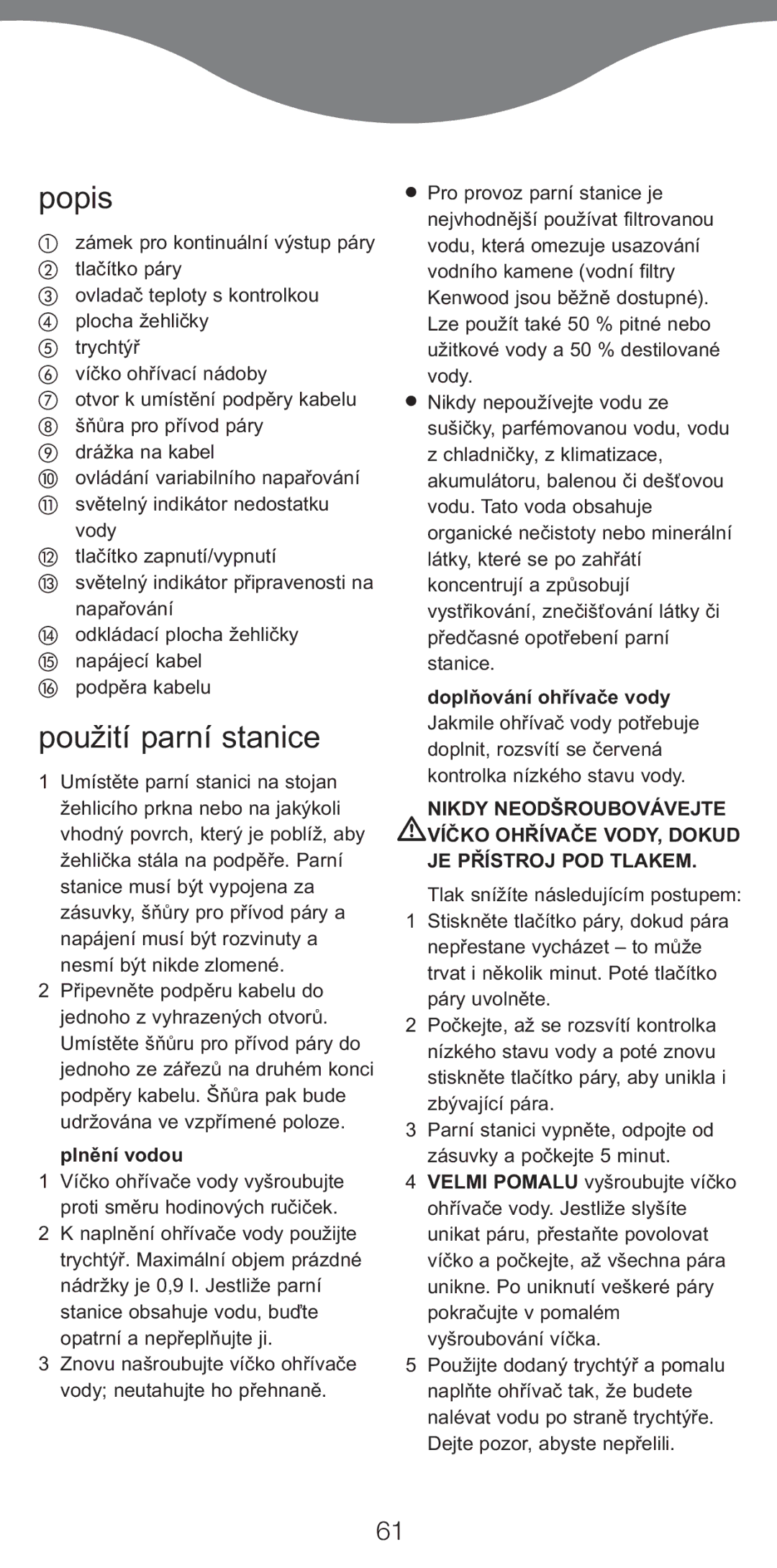 Kenwood IC400 Series, IC450 Series manual Popis, Použití parní stanice, Plnění vodou 