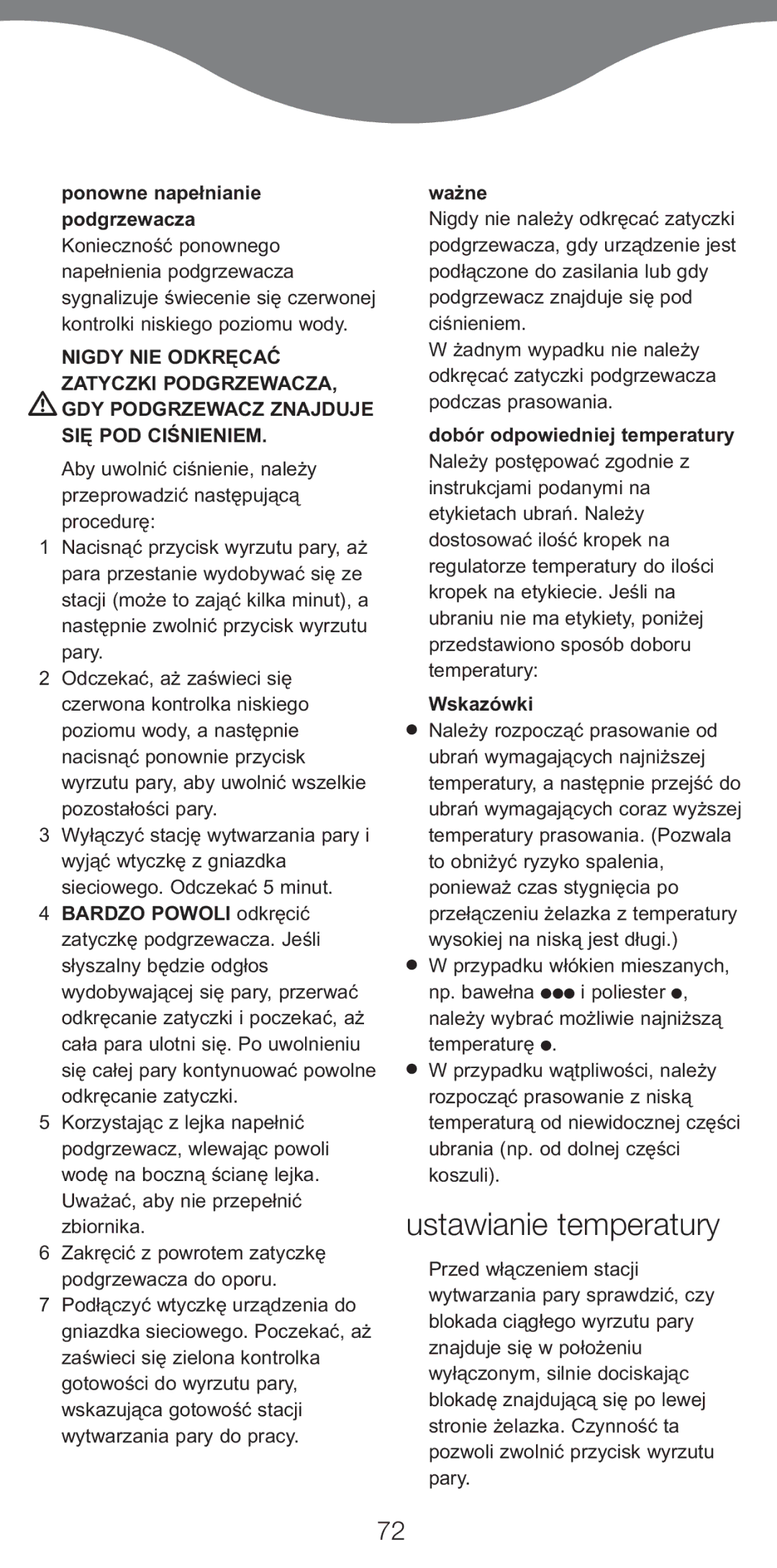 Kenwood IC450 Series, IC400 Series manual Ustawianie temperatury, Ważne, Dobór odpowiedniej temperatury, Wskazówki 