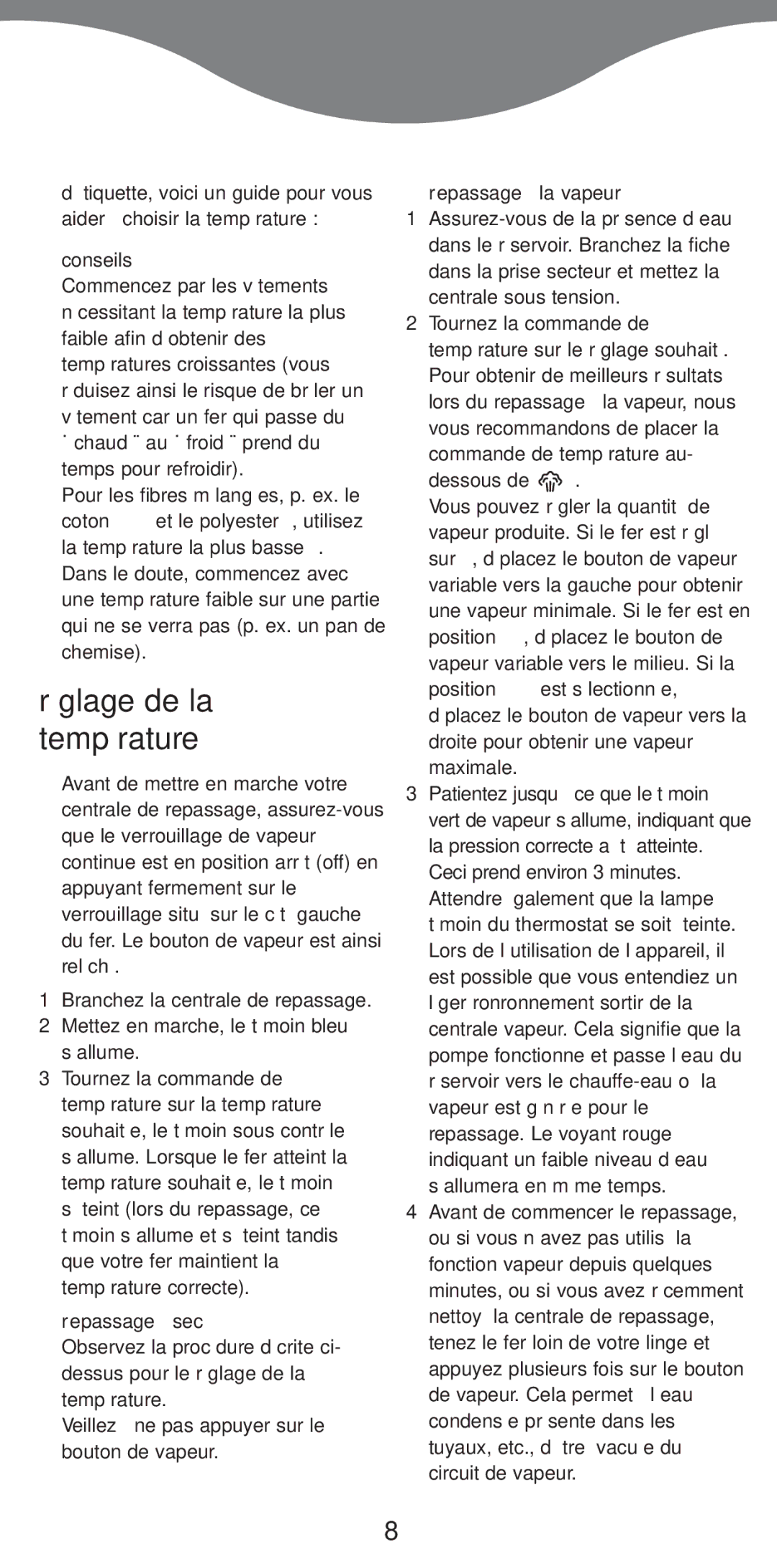 Kenwood IC550 series manual Réglage de la température, Conseils, Repassage à sec, Repassage à la vapeur, Dessous de 