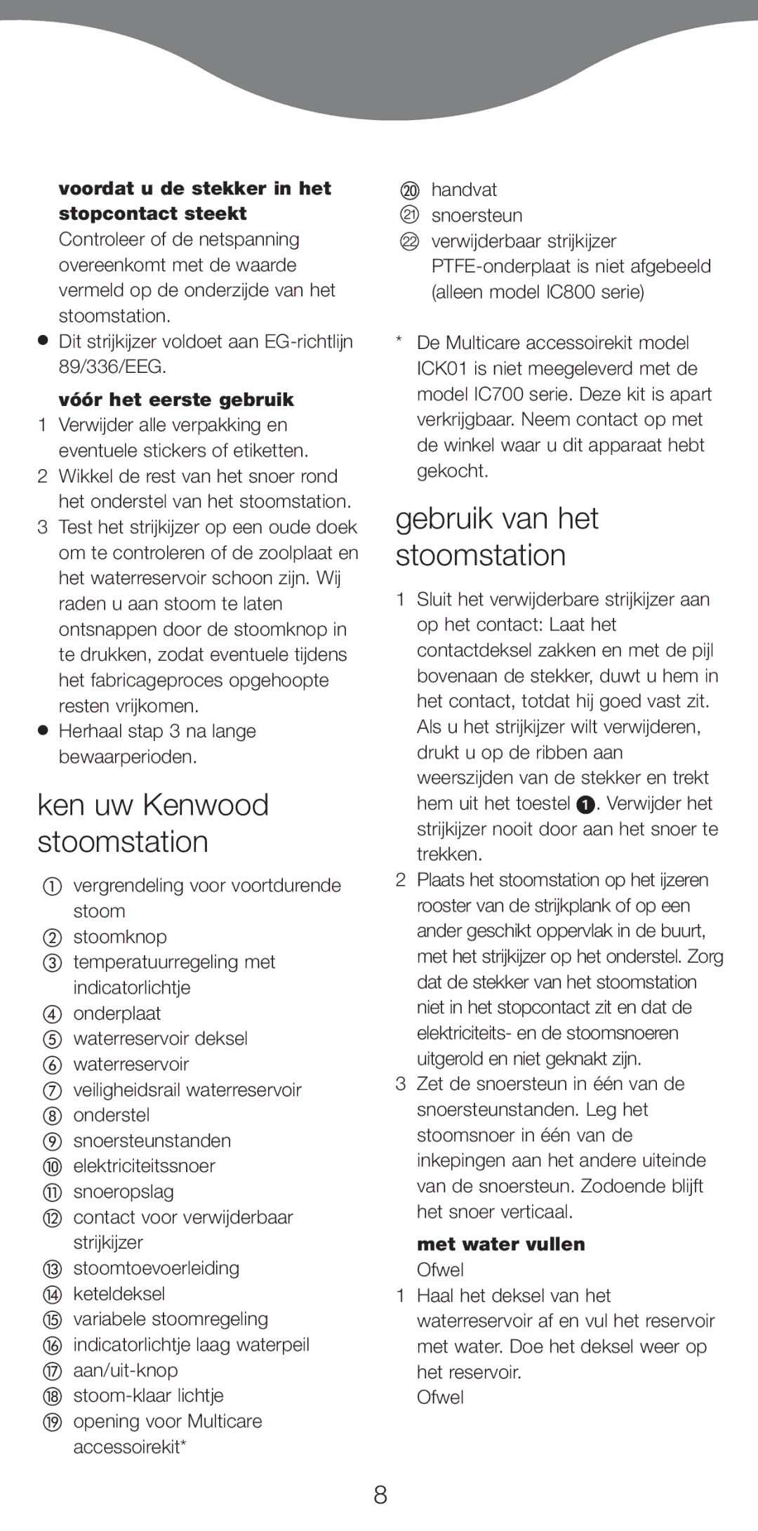 Kenwood IC700 Ken uw Kenwood stoomstation, Gebruik van het stoomstation, Voordat u de stekker in het stopcontact steekt 