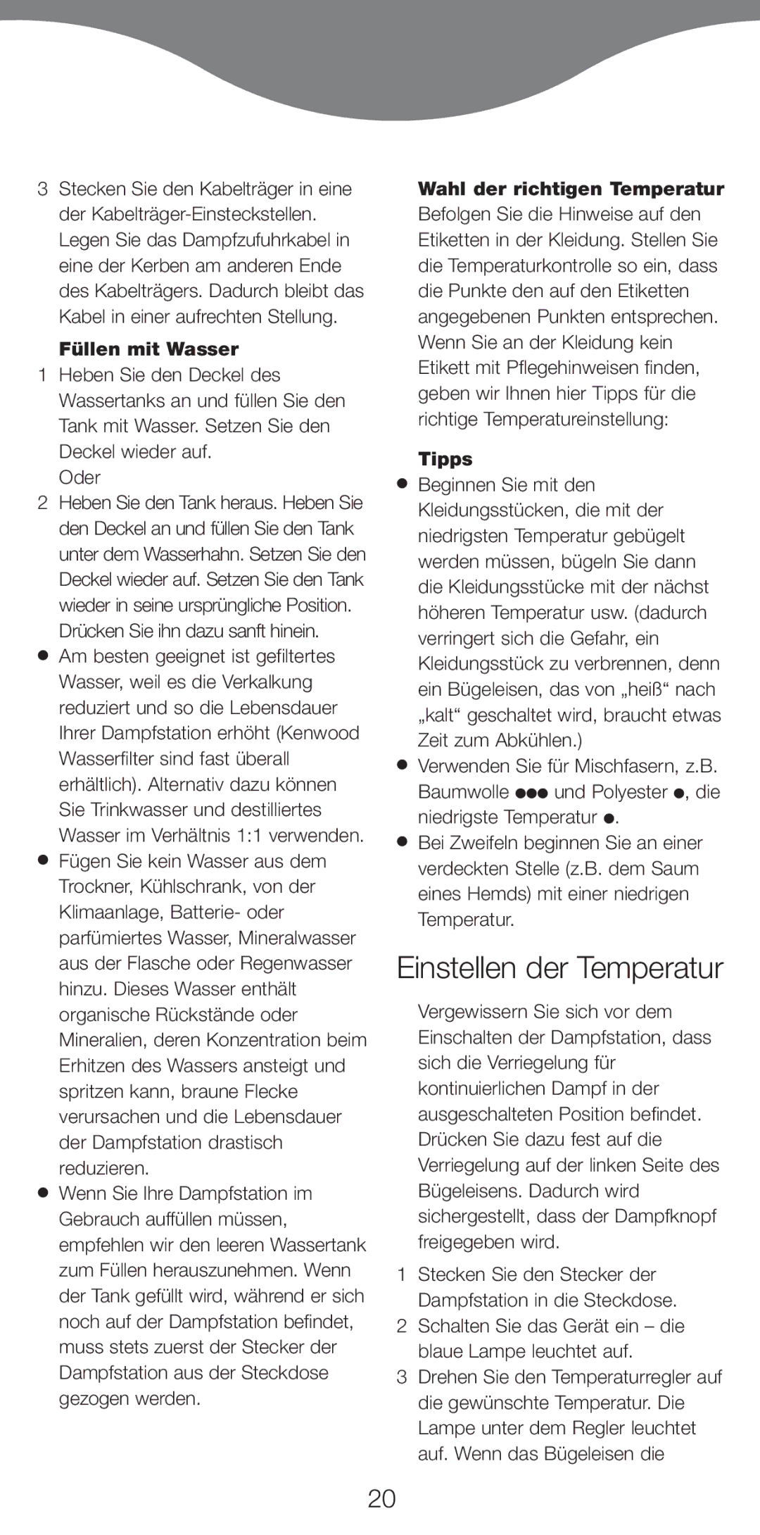 Kenwood IC700, IC800 manual Einstellen der Temperatur, Füllen mit Wasser, Wahl der richtigen Temperatur, Tipps 