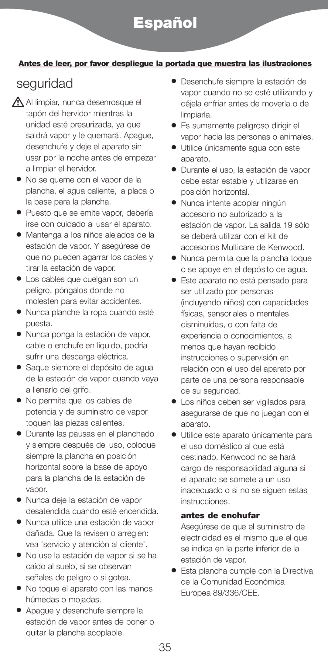 Kenwood IC800, IC700 manual Español, Seguridad, Nunca planche la ropa cuando esté puesta, Antes de enchufar 