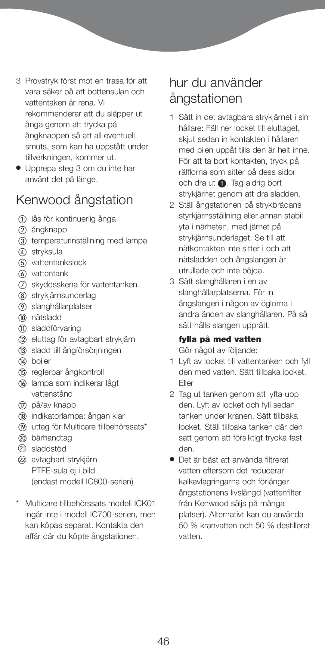 Kenwood IC700 manual Kenwood ångstation, Hur du använder ångstationen, Endast modell IC800-serien, Fylla på med vatten 