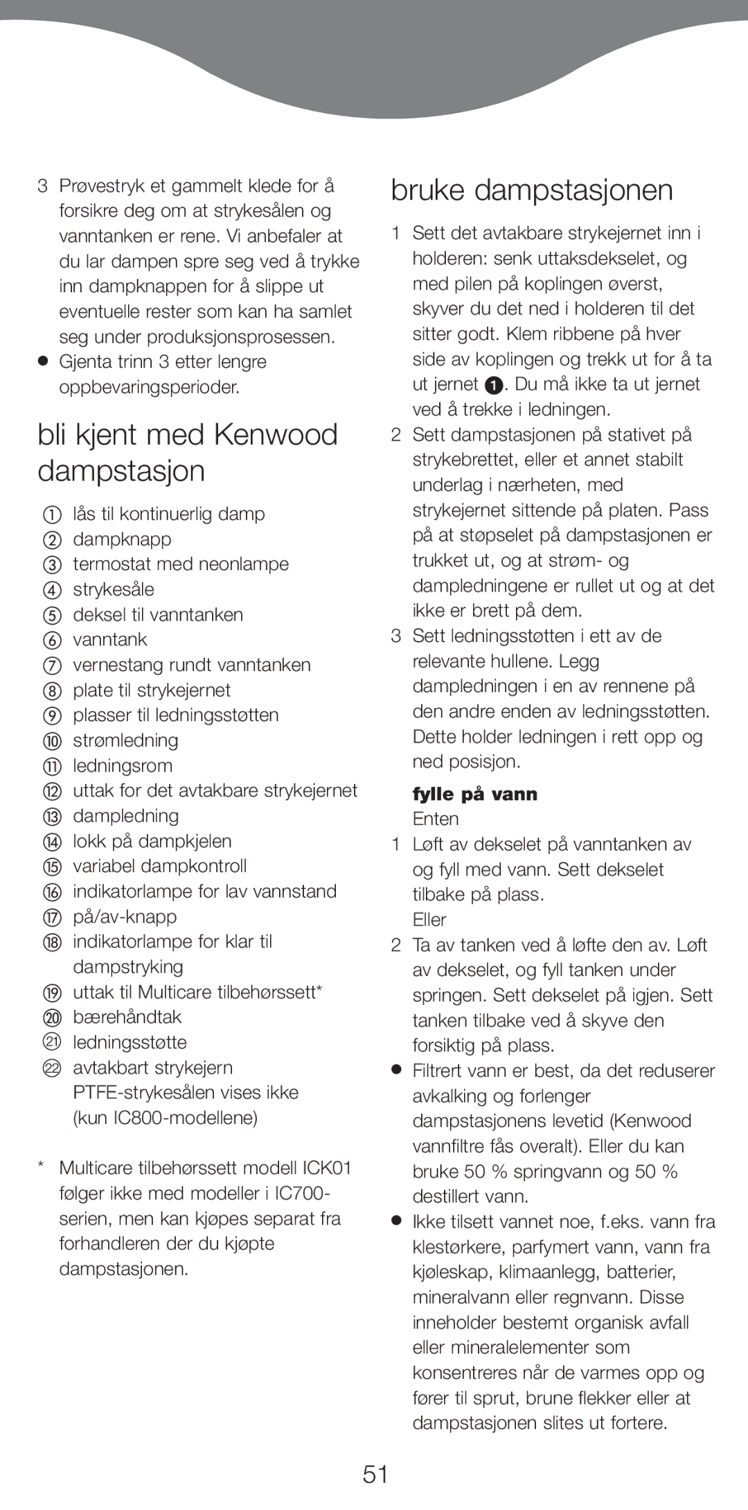 Kenwood IC800, IC700 manual Bli kjent med Kenwood dampstasjon, Bruke dampstasjonen, Fylle på vann 