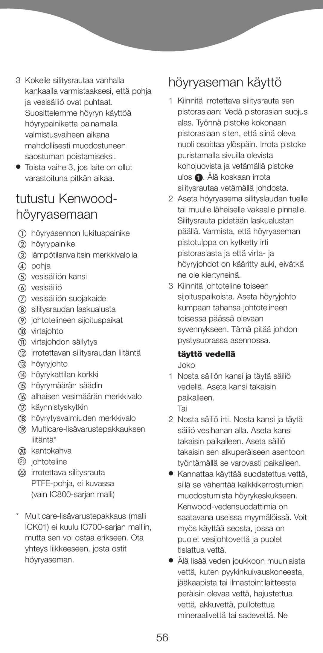 Kenwood IC700, IC800 manual Tutustu Kenwood- höyryasemaan, Höyryaseman käyttö, Täyttö vedellä 