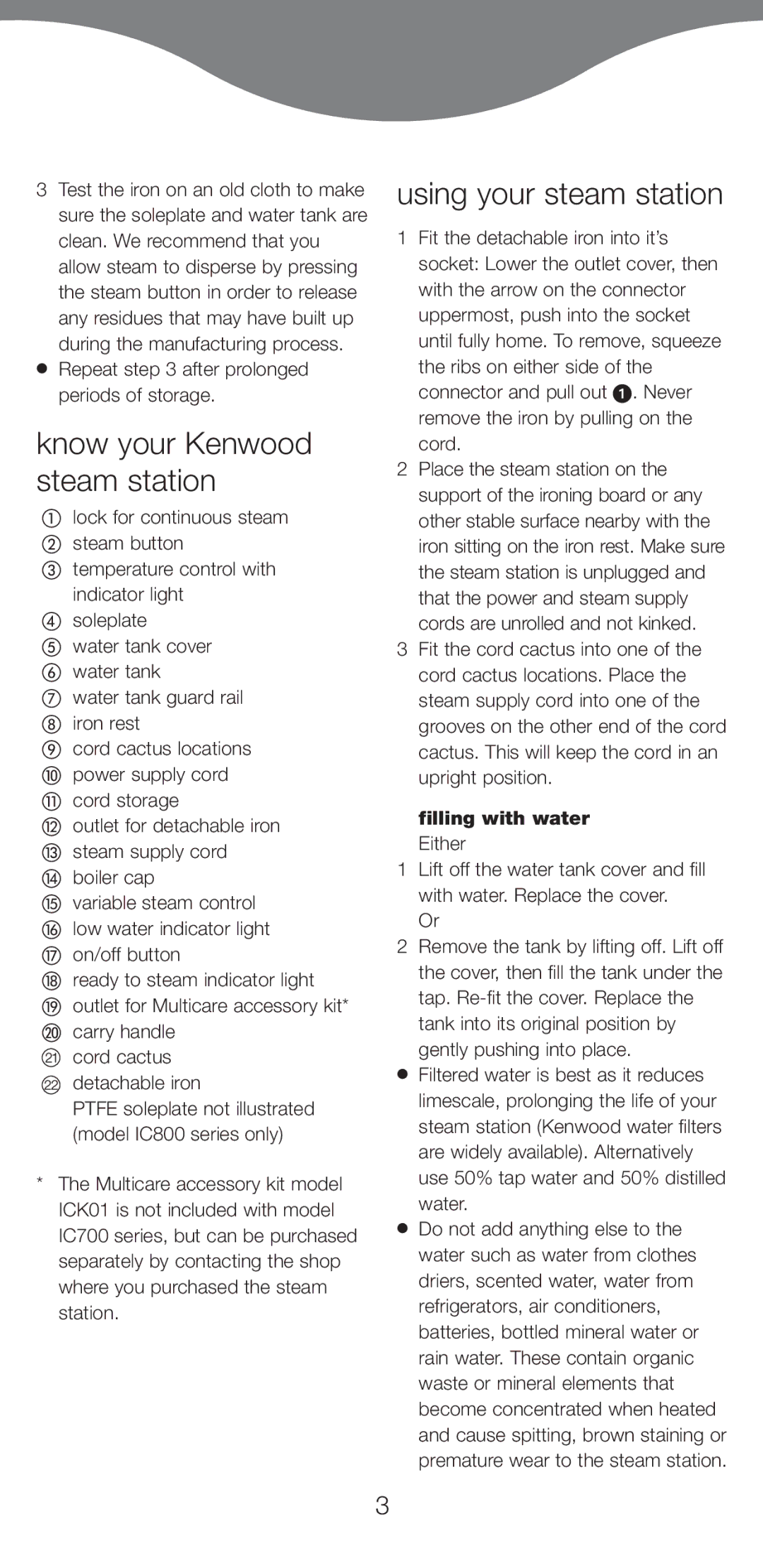 Kenwood IC800, IC700 manual Know your Kenwood steam station, Using your steam station, Filling with water, Either 