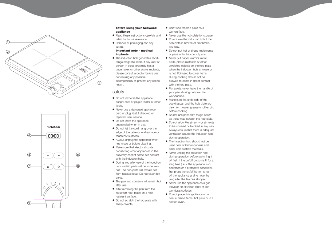 Kenwood IH100 manual Safety, Before using your Kenwood appliance, Important note medical implants 