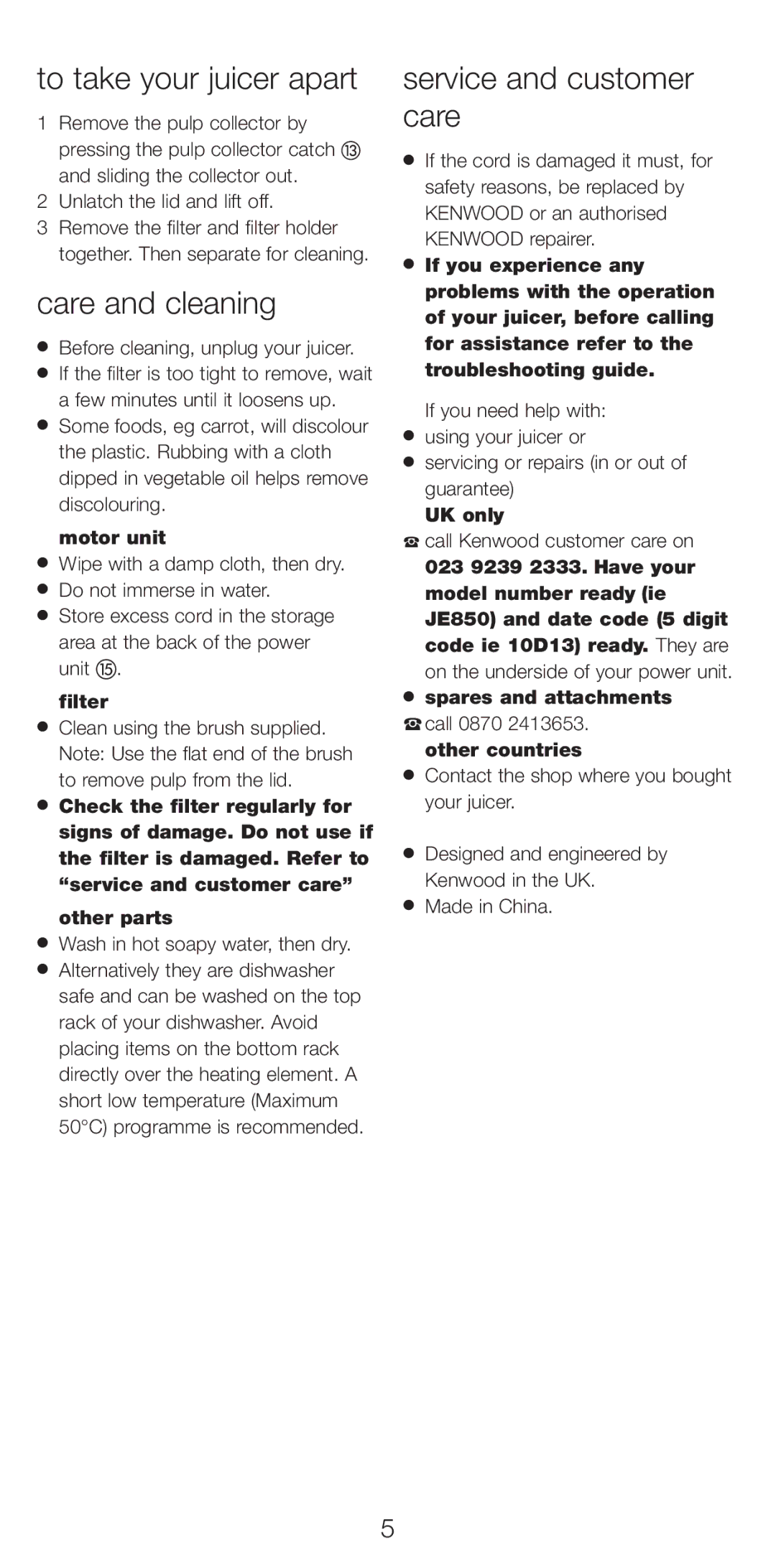 Kenwood JE730, JE720 manual To take your juicer apart, Care and cleaning, Service and customer care 