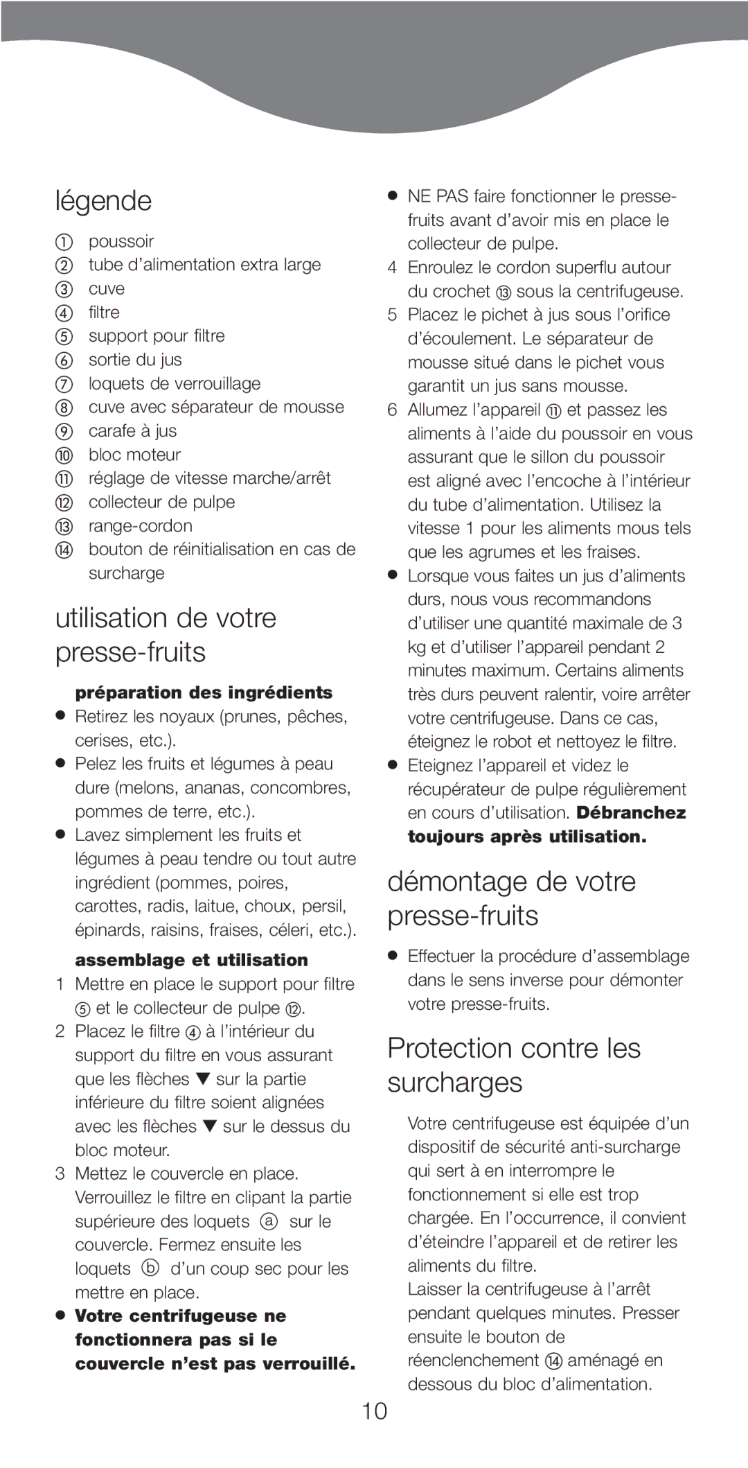 Kenwood JE750 series manual Légende, Utilisation de votre presse-fruits, Démontage de votre presse-fruits 