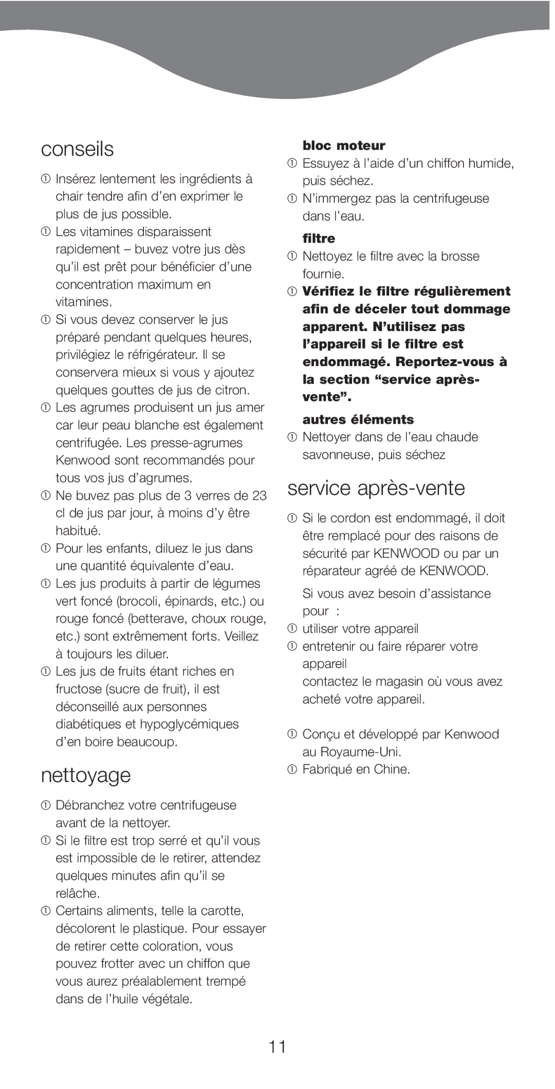 Kenwood JE750 series manual Conseils, Nettoyage, Service après-vente, Bloc moteur, Filtre 