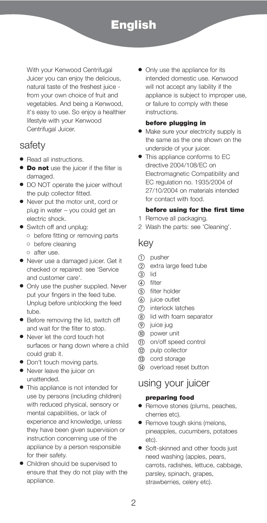 Kenwood JE750 series manual English, Safety, Key, Using your juicer 