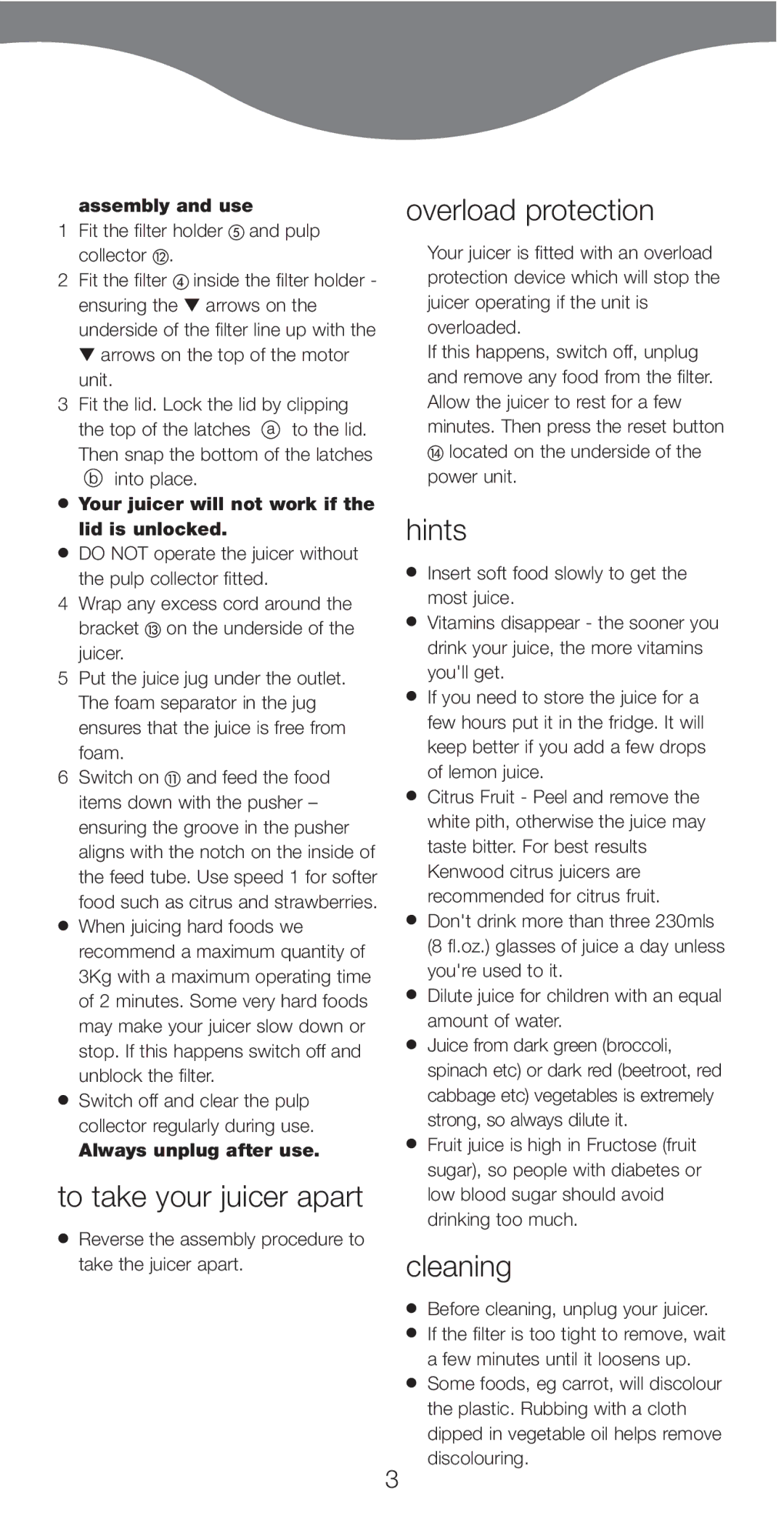 Kenwood JE750 series manual To take your juicer apart, Overload protection, Hints, Cleaning 