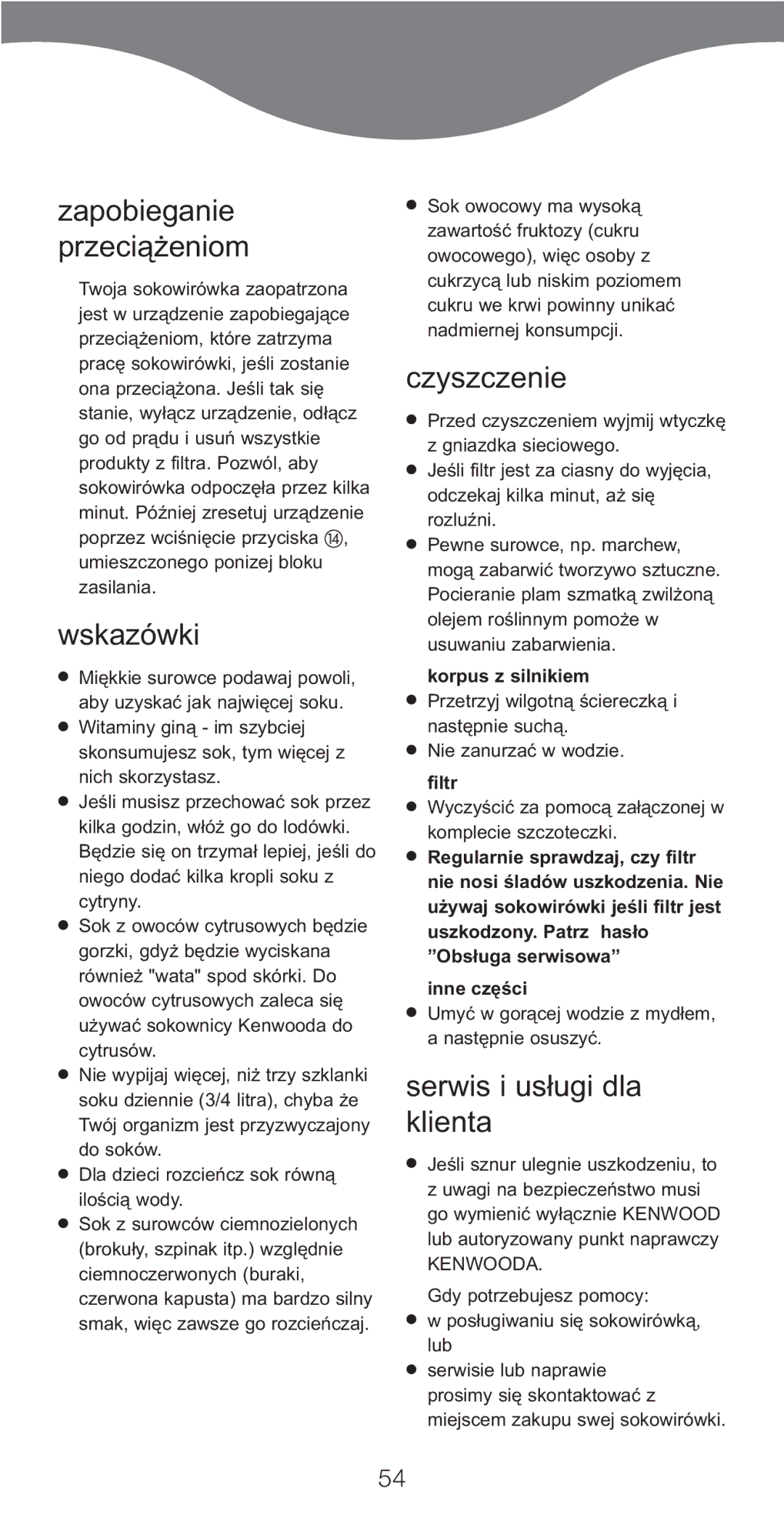 Kenwood JE750 series Zapobieganie przeciążeniom, Wskazówki, Czyszczenie, Serwis i us¢ugi dla klienta, Korpus z silnikiem 